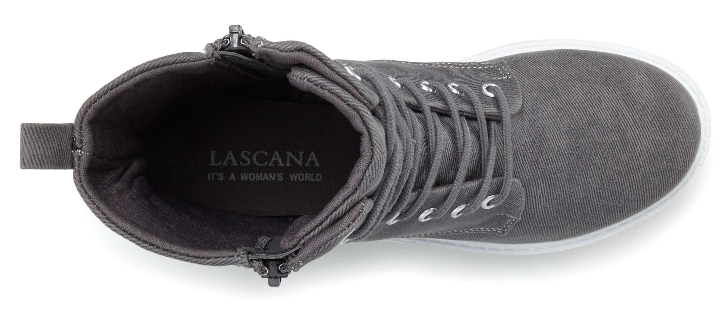 Stiefelette LASCANA, Damen, Gr. 42, grau, Obermaterial: 100% Textilmaterial. Decksohle: 100% Textilmaterial. Futter: 100% Textilmaterial. Laufsohle: 100% Synthetik, unifarben, Schuhe Stiefelette, zum Schnüren, modische Optik im Combat Look, Reißverschluss 2