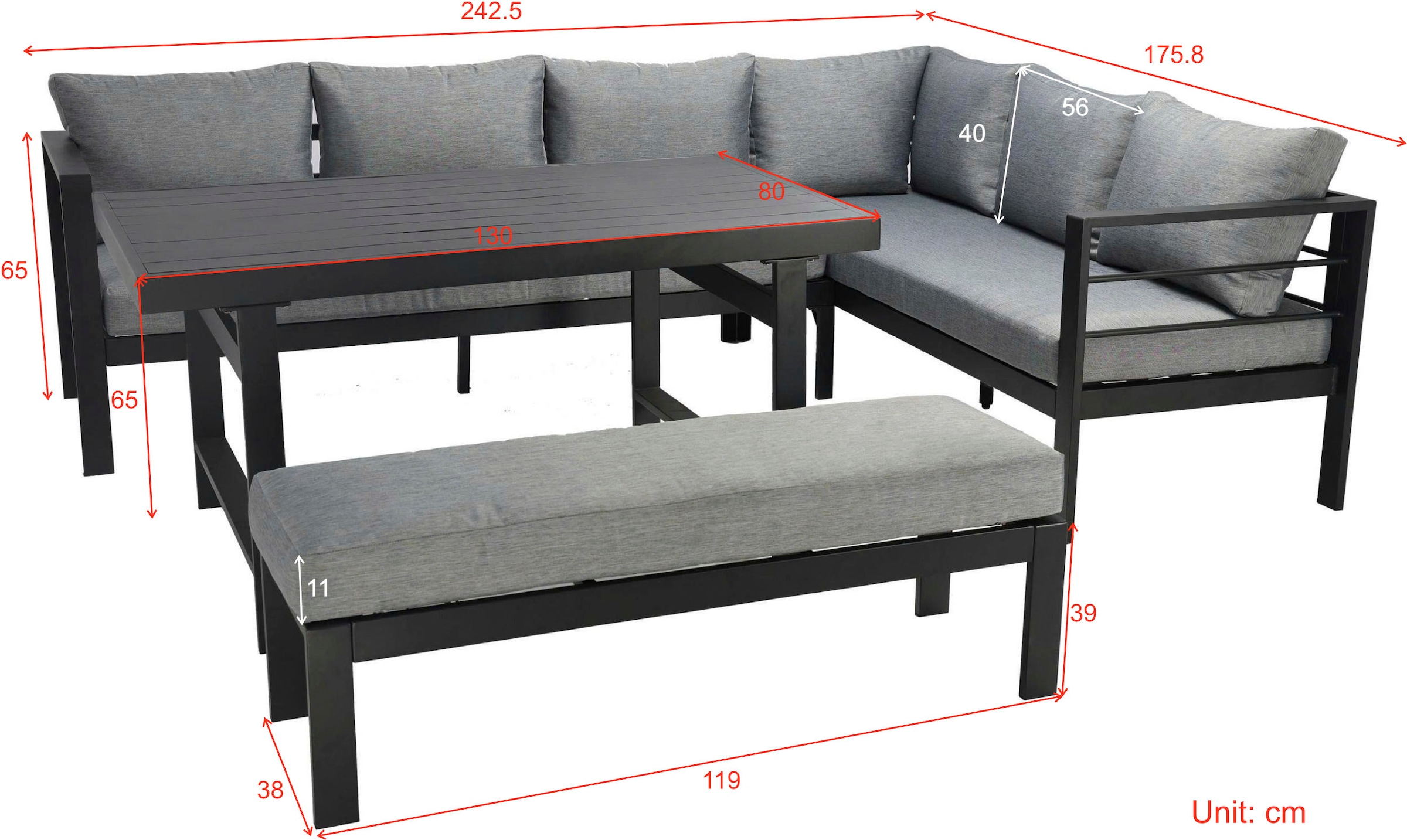 KONIFERA Gartenlounge-Set »New Jersey« Set, 2x Sofa, 1x Bank, 1x Tisch, 3x Sitzauflage, 7x Rückenkissen, 14 tlg. tlg. bestehend aus 2 Sofas, 1 Bank, 10 Sitz- und Rückenkissen, 1 Tisch