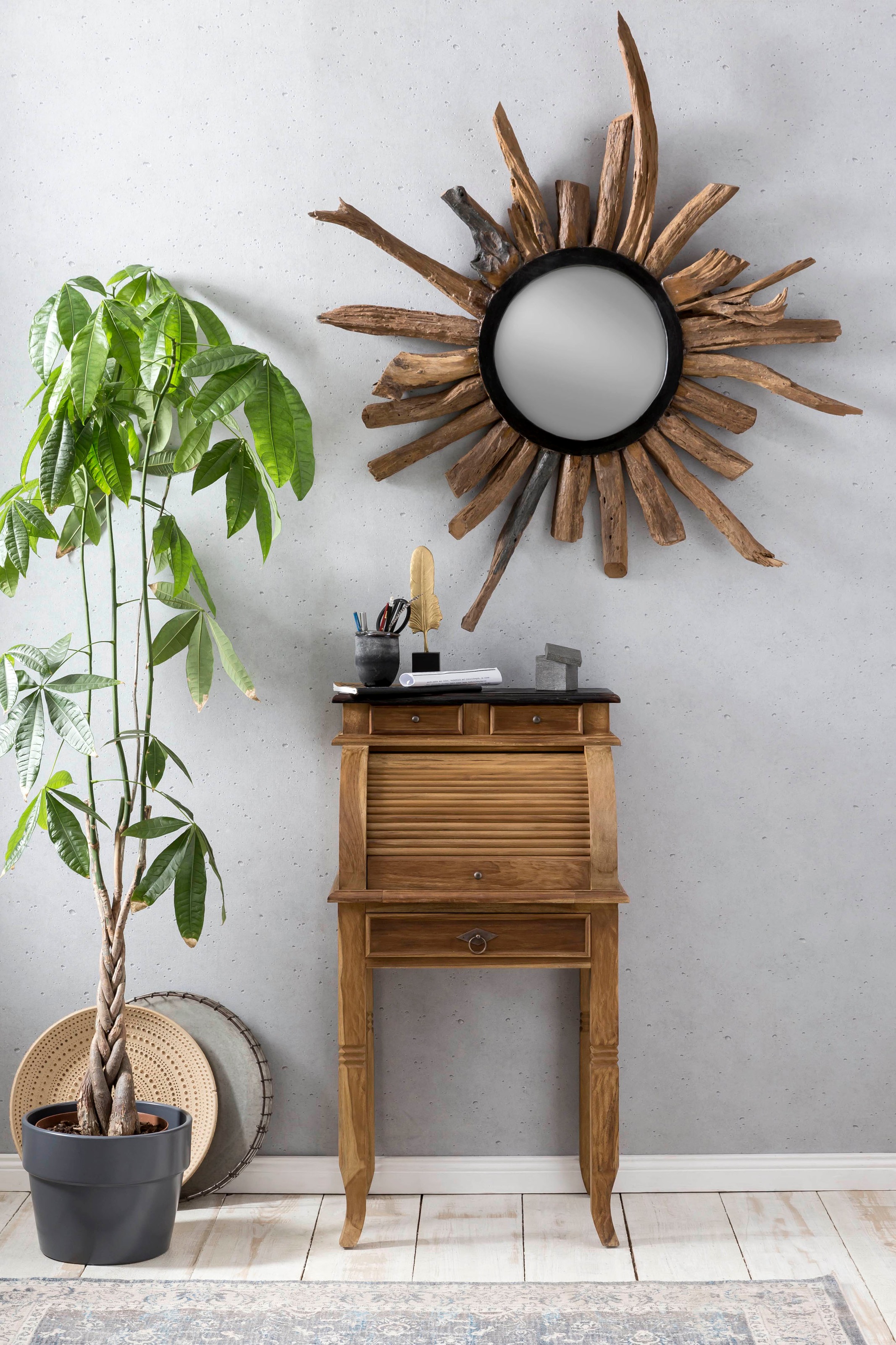 Sekretär SIT "SEADRIFT – Kompakter Teakholz‑Schreibtisch mit Rollladen", beige (natur), B:55cm H:100cm T:41cm, Sekretäre, Sekretär, Massiver Teakholz‑Sekretär mit Rollladen, Fächern & 4 Schubkästen