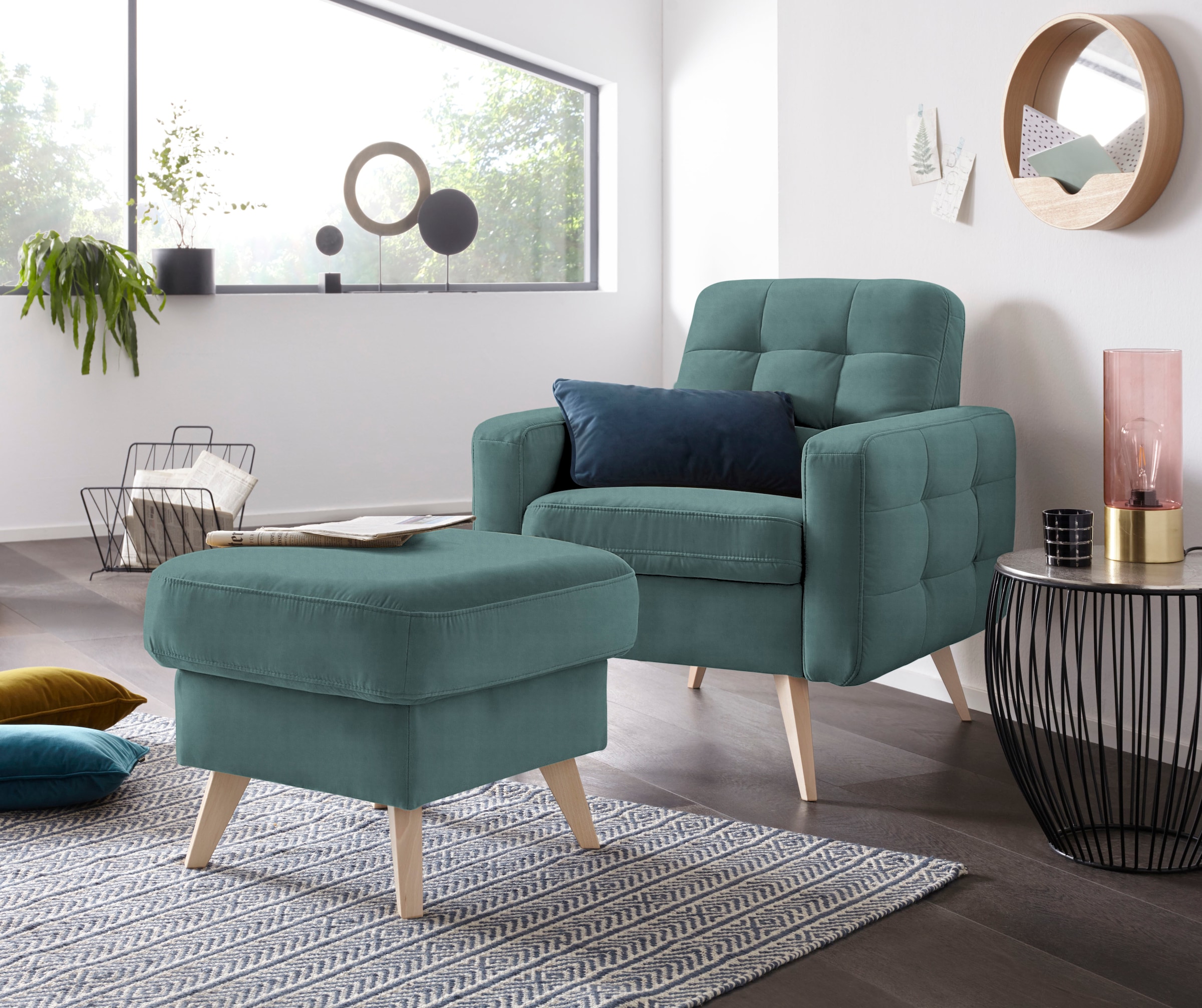 exxpo - sofa fashion Sessel »Nappa, Loungesessel, aktuelle Rückensteppung, bequem und modern«, hoher Holzfuß