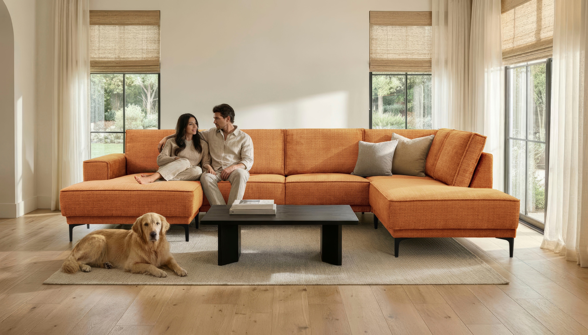 OTTO home Wohnlandschaft "OLAND Chenille U-Form, XXL, B: 345 cm, Skandi-Design" U-Form, 345 cm, Wellenunterfederung, Skandi-Design, Metallfüße