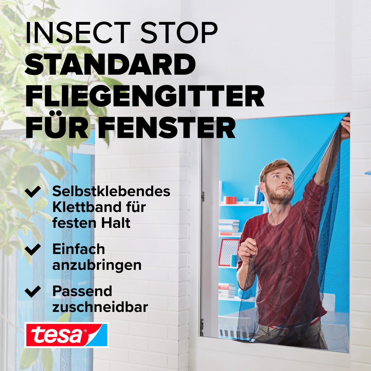 tesa Insektenschutz-Fensterrahmen »Insect Stop Standard Fliegengitter für Fenster 1.5 m x 1.8 m«, Insektenschutzgitter -Fliegenetz ohne Bohren-zuschneidbar