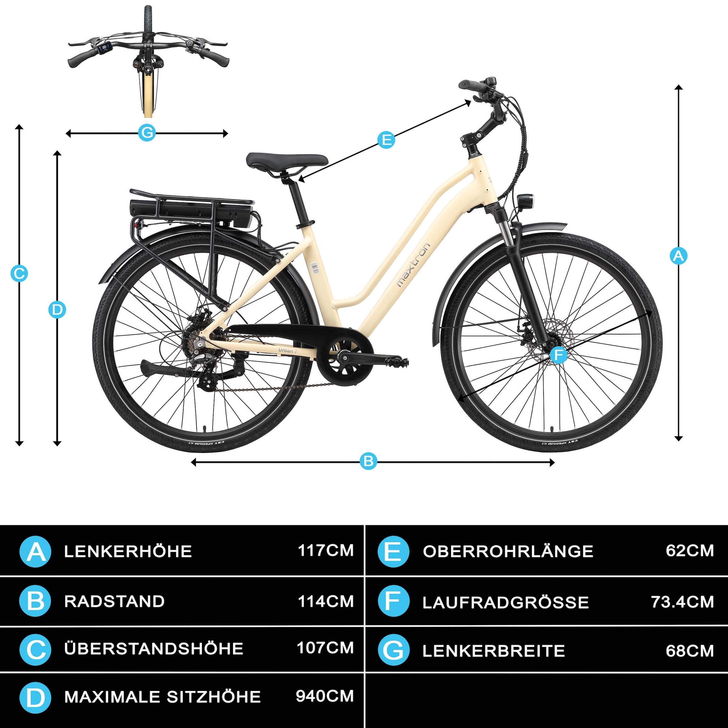 Maxtron »Maxtron Urban 7 E-Citybike 28 Zoll« 7 Gang Shimano Altus Schaltwerk Kettenschaltung Heckmotor 250 W Packung,  Tiefeinsteiger für Damen