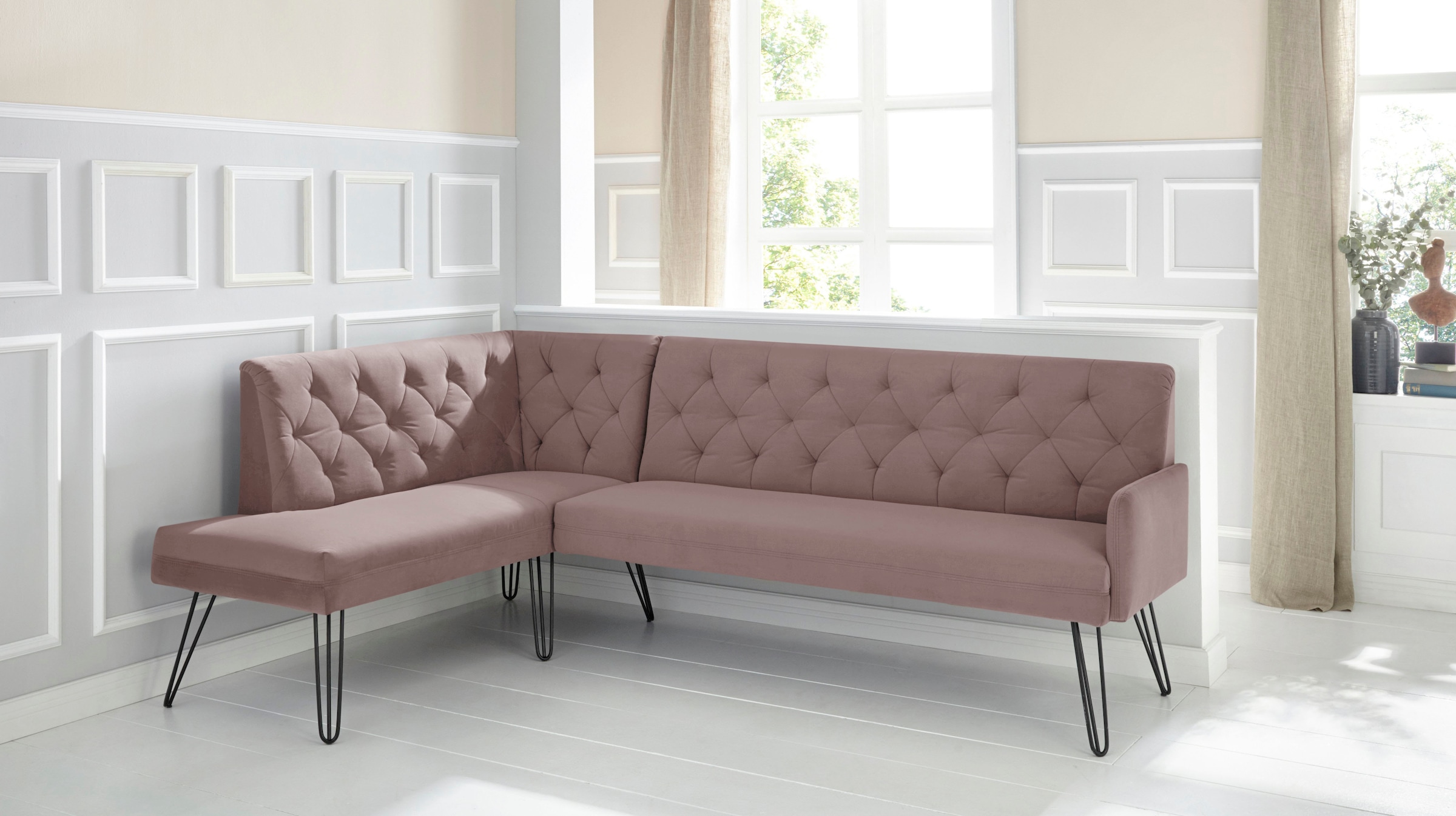 exxpo - sofa fashion Eckbank "Doppio, Chesterfield Optik, komfortabel und bequem, hohe Designfüße", Frei im Raum stellba