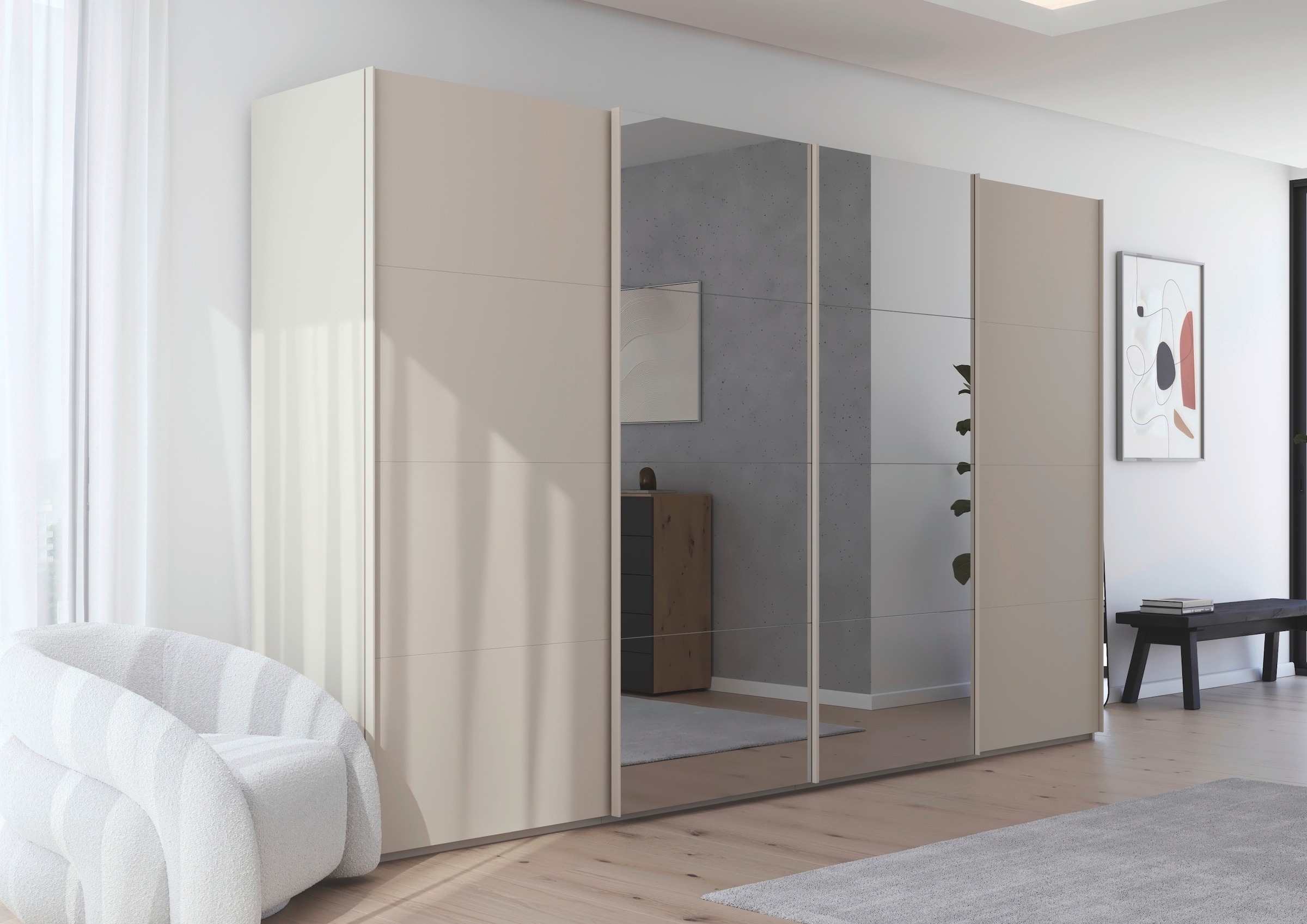 rauch Schwebetürenschrank »Kleiderschrank Schrank Garderobe Schlafzimmerschrank SCALE-FYRA«, edle viergeteilte Türen mit Spiegel und vielen Farben MADE IN GERMANY