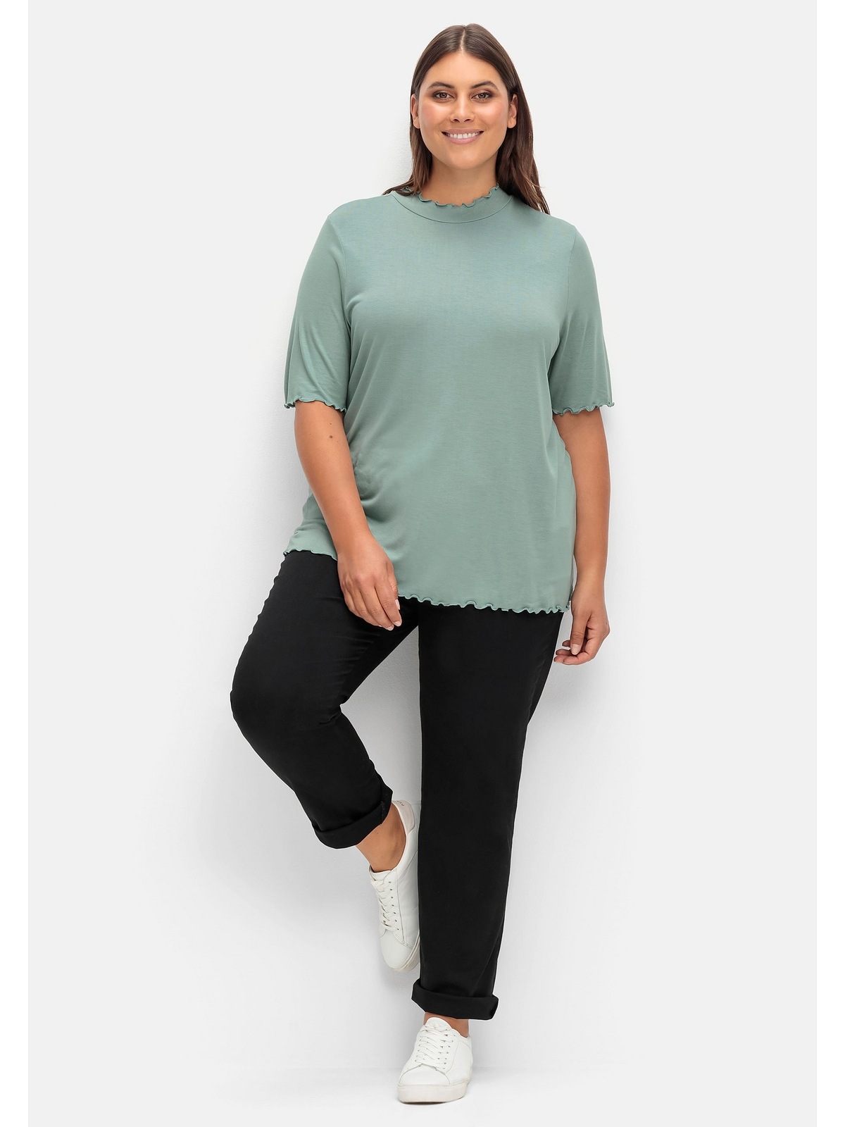 Black Friday Sheego »Große BAUR Größen«, | und mit Wellensaumkanten Stehkragen T-Shirt