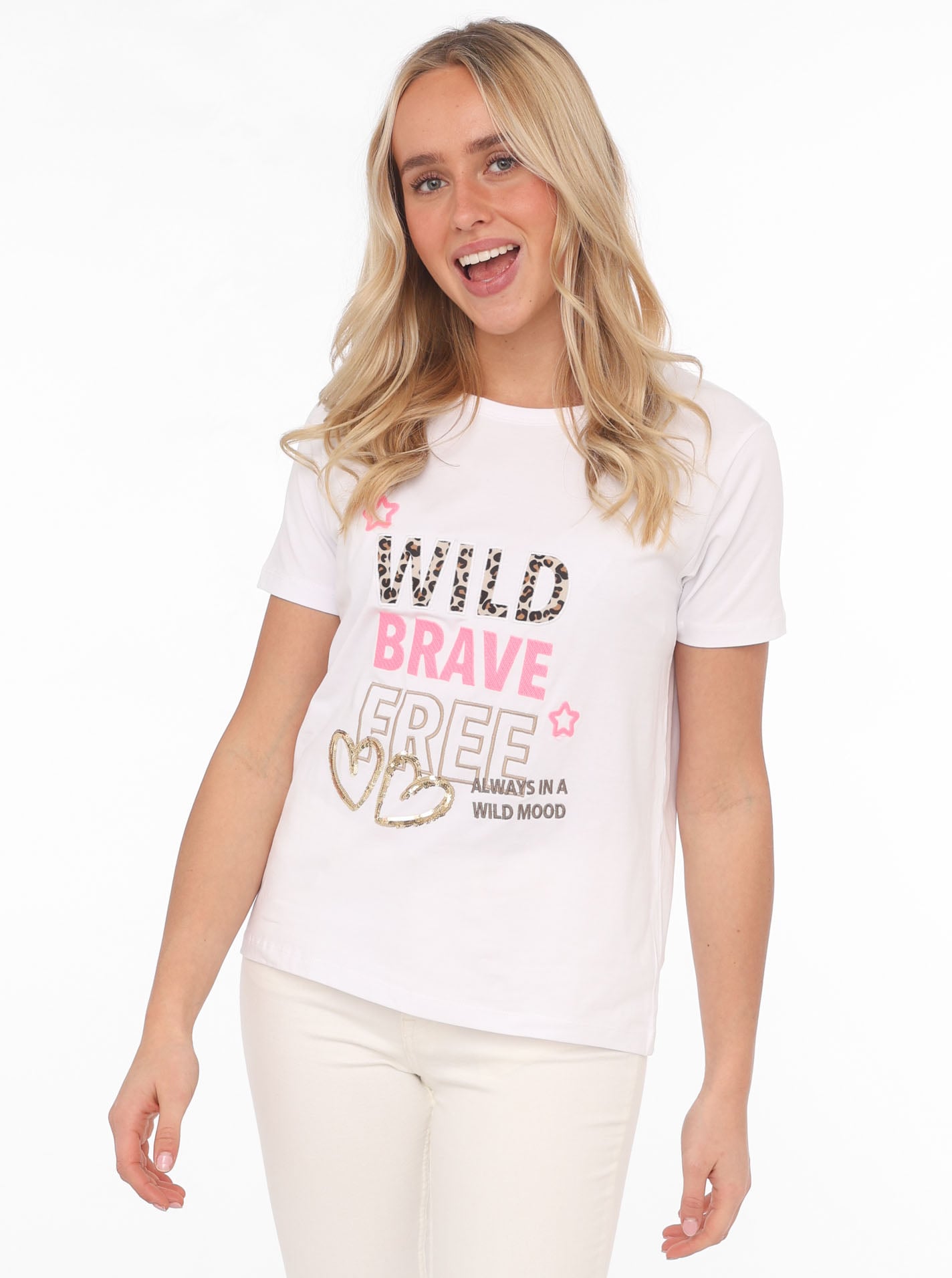 Zwillingsherz T-Shirt ""Wild Brave Free"", Leo-Muster, Pailletten, Kurzarm, günstig online kaufen