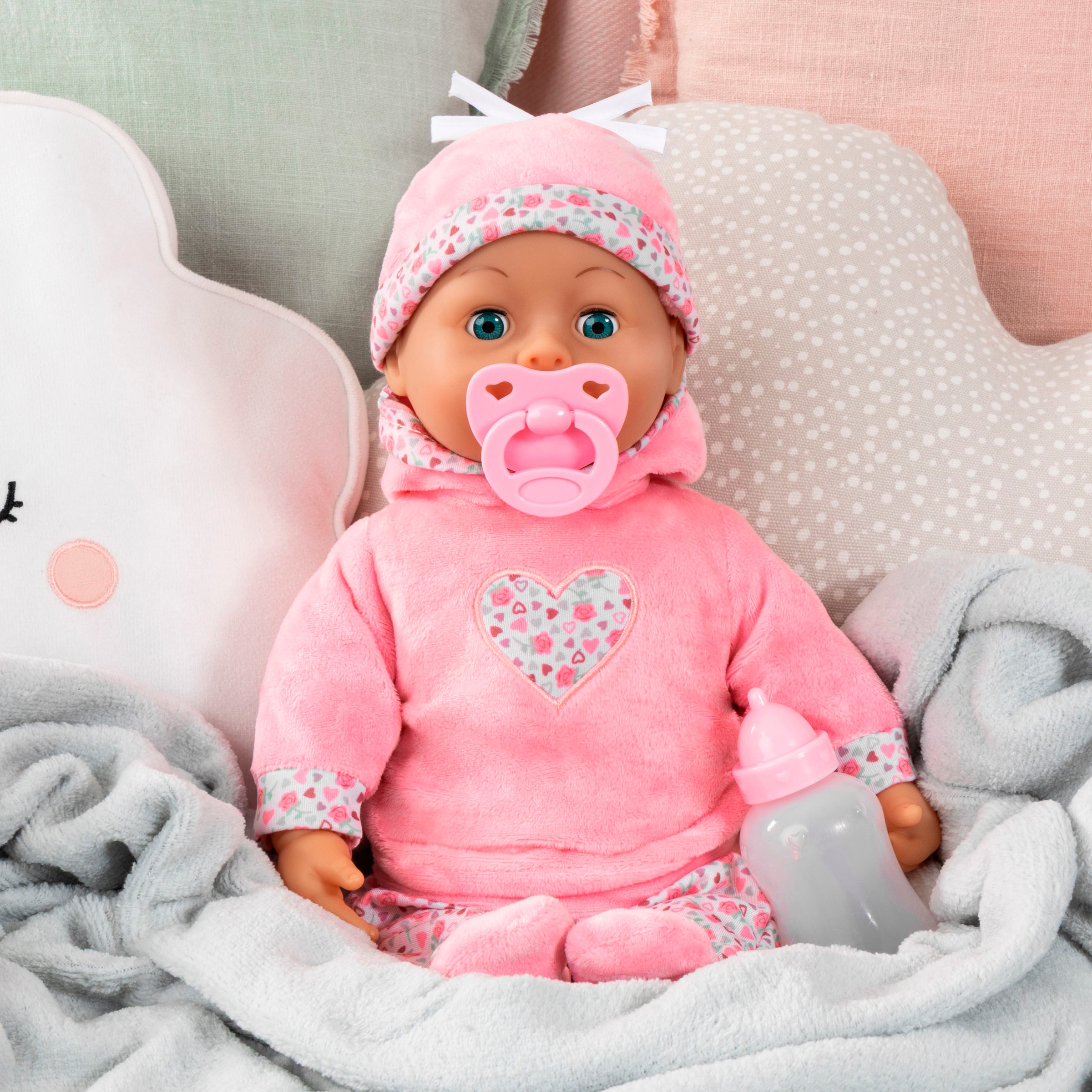 Bayer Babypuppe »First Words Baby, 38 cm, rosa«, (3 tlg.), mit Schlafaugen und Babygeräuschen