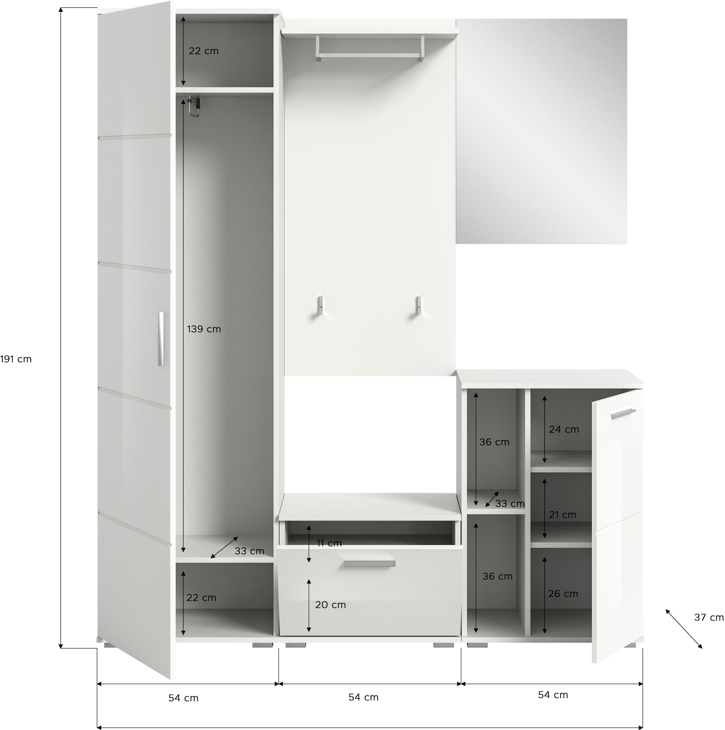 INOSIGN Garderoben-Set »Valge, Breite 165 cm, 5-teiliges Set, bestehend aus:«, (5 St.), Garderobenschrank, Sitzbank, Garderobenpaneel, Schuhschrank & Spiegel