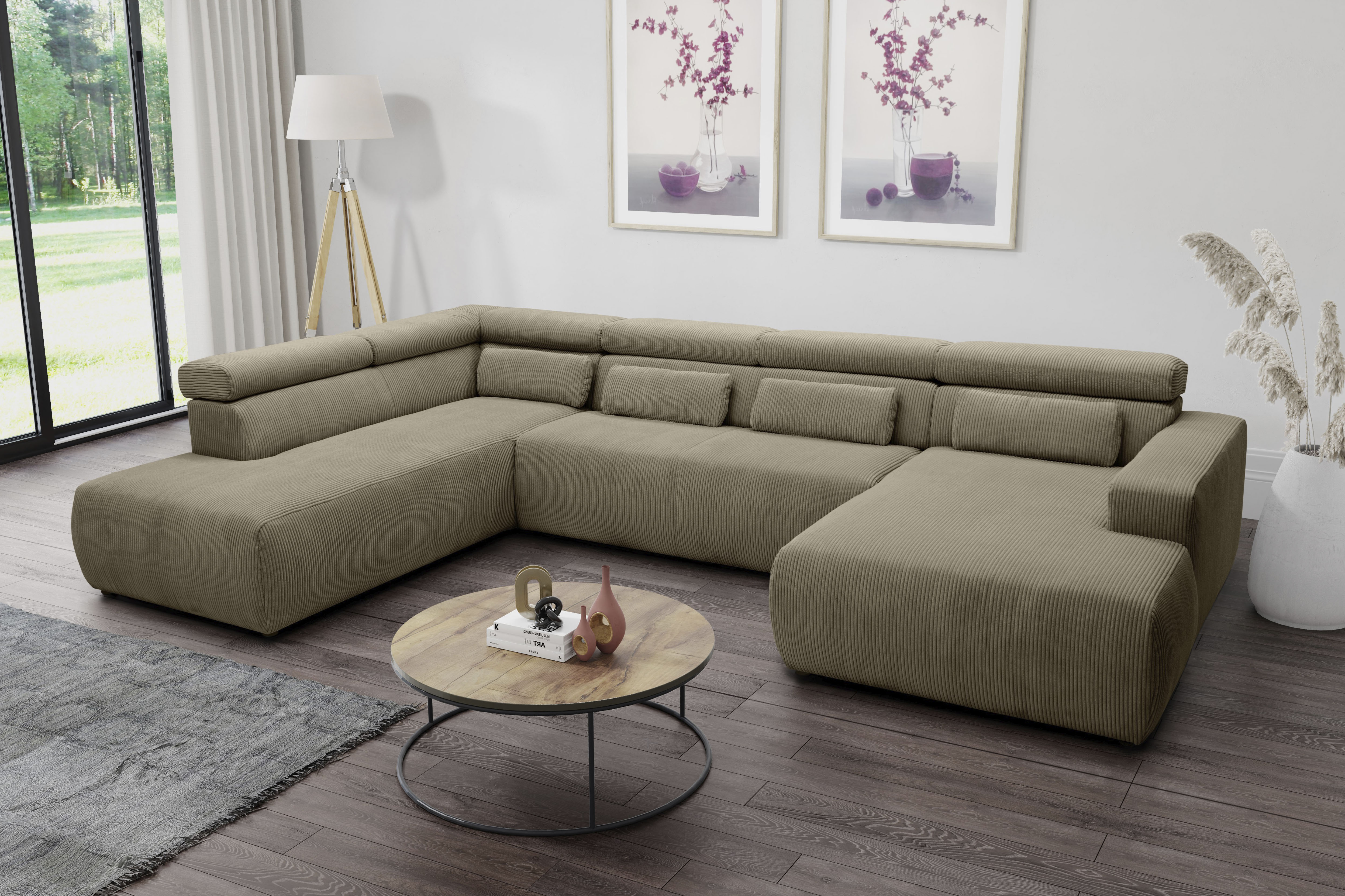 DOMO collection Wohnlandschaft "BRANDON belastbar bis 140 kg/Sitz, 359x228 cm, U-Form" ohne Sitztiefenverstellung, Cord, schlamm