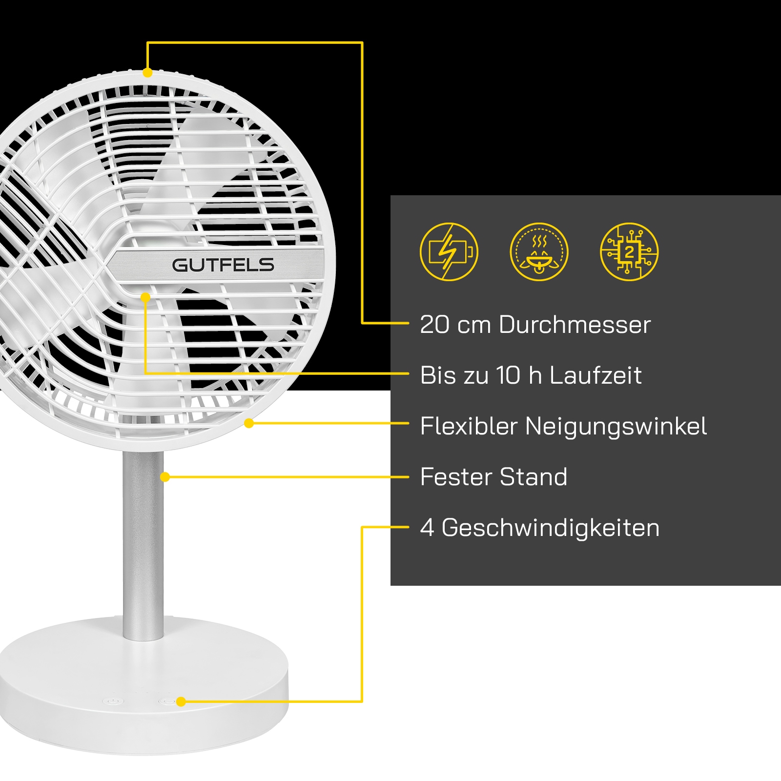 Gutfels Tischventilator »»VENTI 3020 R««, 20 cm Durchmesser, bis zu 10 h Akkulaufzeit, Ø 20 cm, 4 Stufen, leise, modernes Design