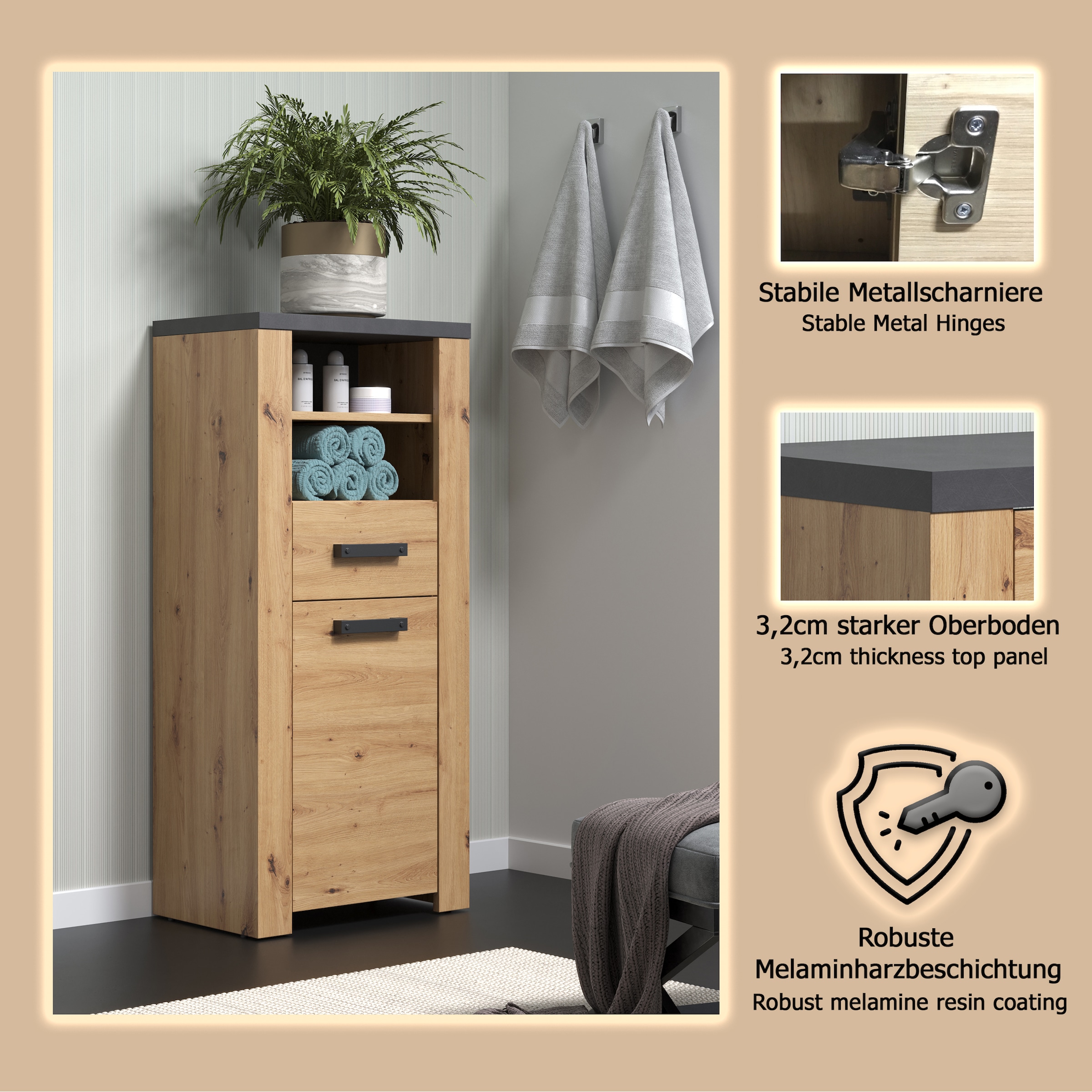 welltime Midischrank »Ambres«, (1 St.), Badschrank in matter Echtholzoptik - Maße (B/T/H) 53/35/118 cm