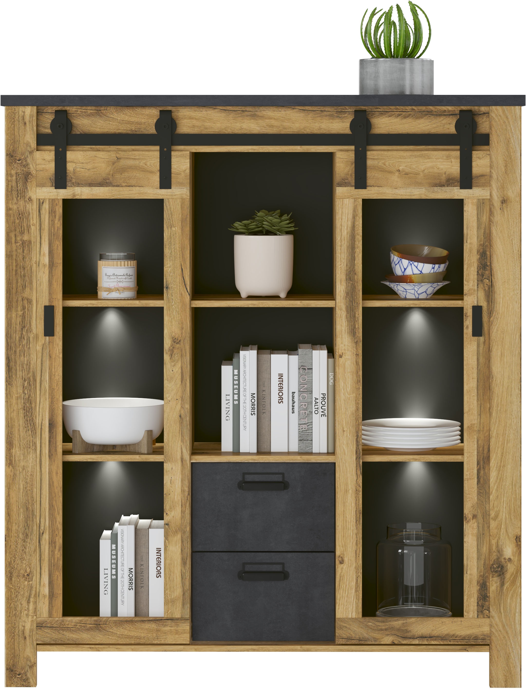 Home affaire Highboard »York, moderner Hochschrank, Vitrine in Hunton Oak, Industrialdesign«, mit Scheunentorbeschlägen & Apothekergriffen aus Metall, 150 cm hoch