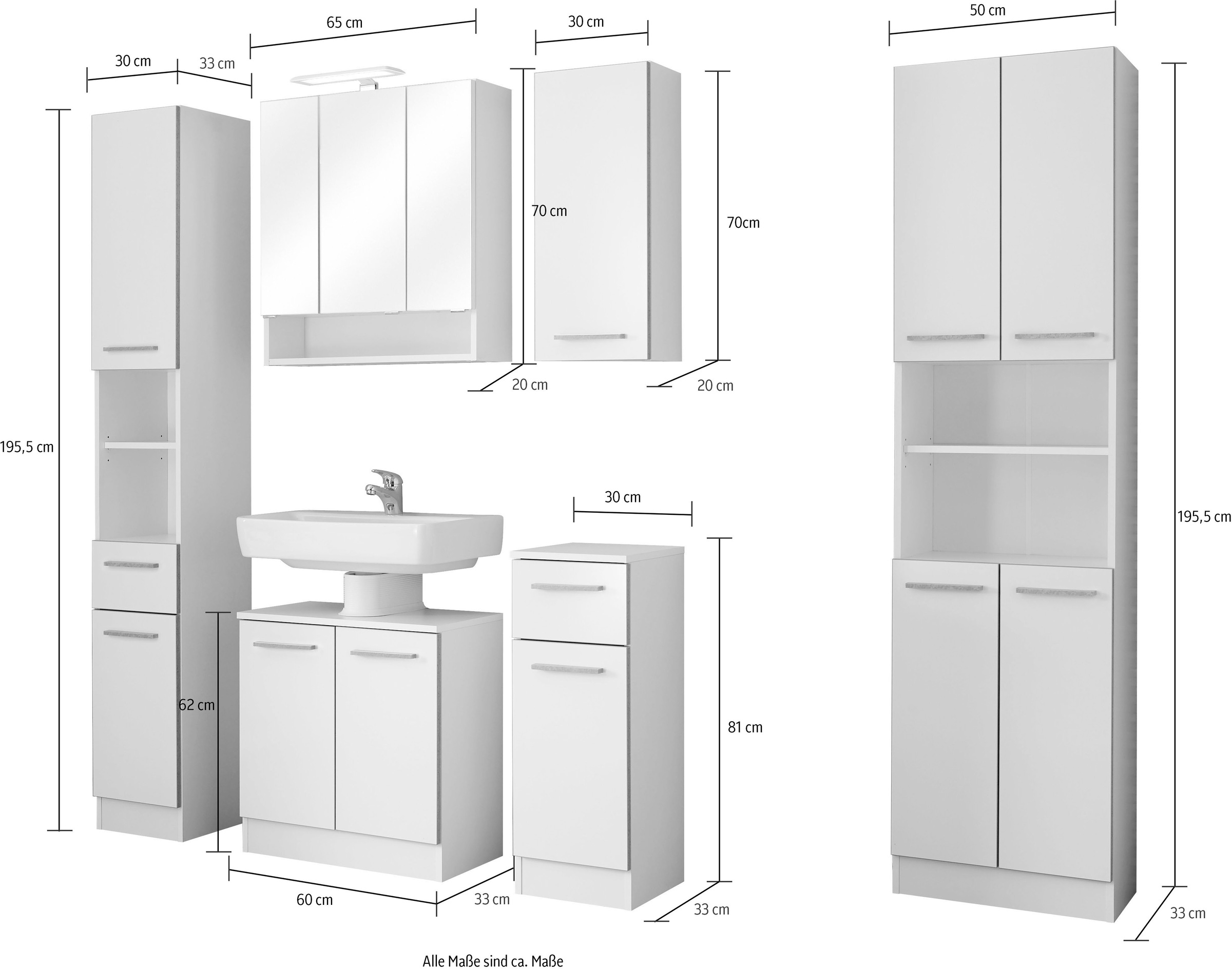 Saphir Badmöbel-Set »Quickset 953 6-teilig, Waschbeckenunterschrank und LED-Spiegelschrank«, (Set, 6 St.), in Weiß Glanz, Badmöbel inkl. Türdämpfer, ohne Waschbecken, 13 Türen