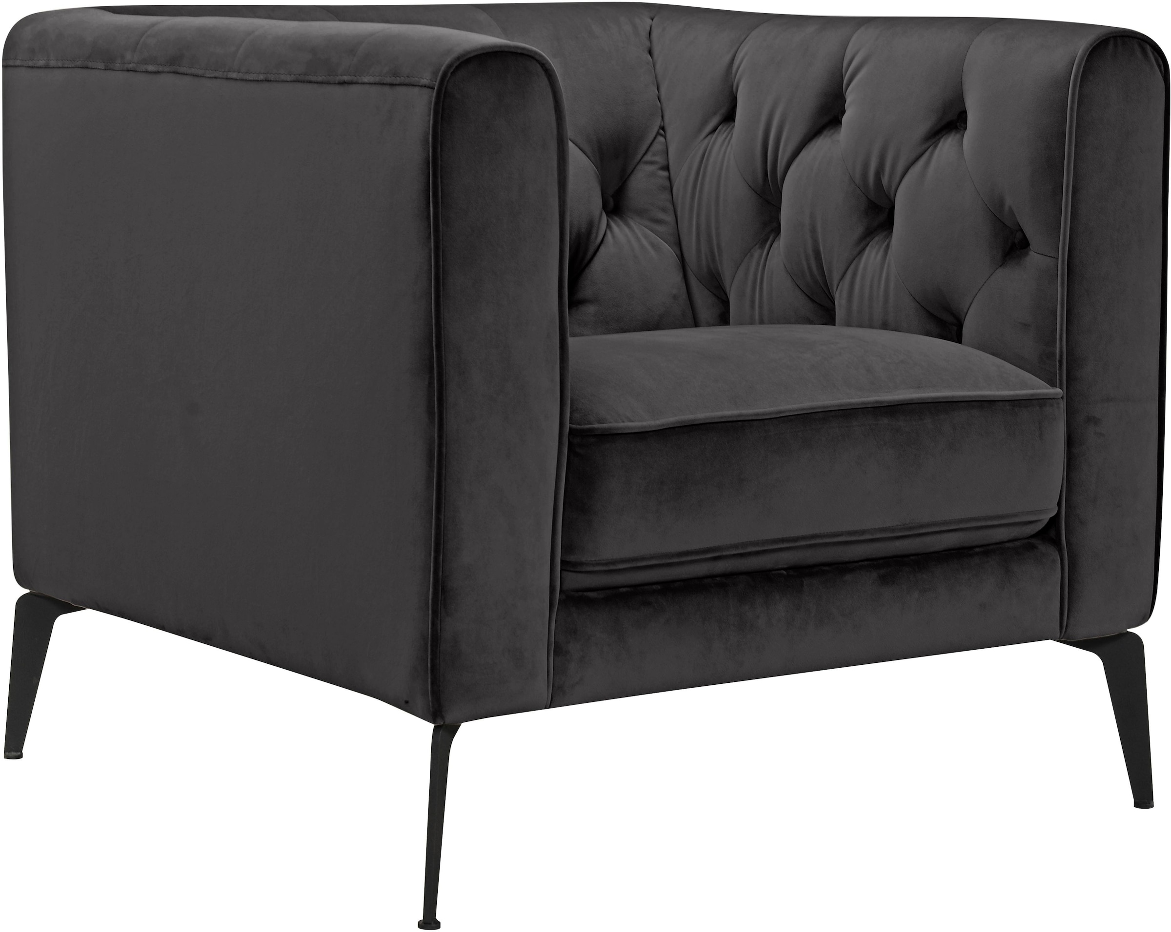 Leonique Chesterfield-Sessel Narmada, mit dekorativer Knopfheftung im Rückenteil und an den hohen Armlehnen, mit schlanken Metallbeinen, im Chesterfield-Design
