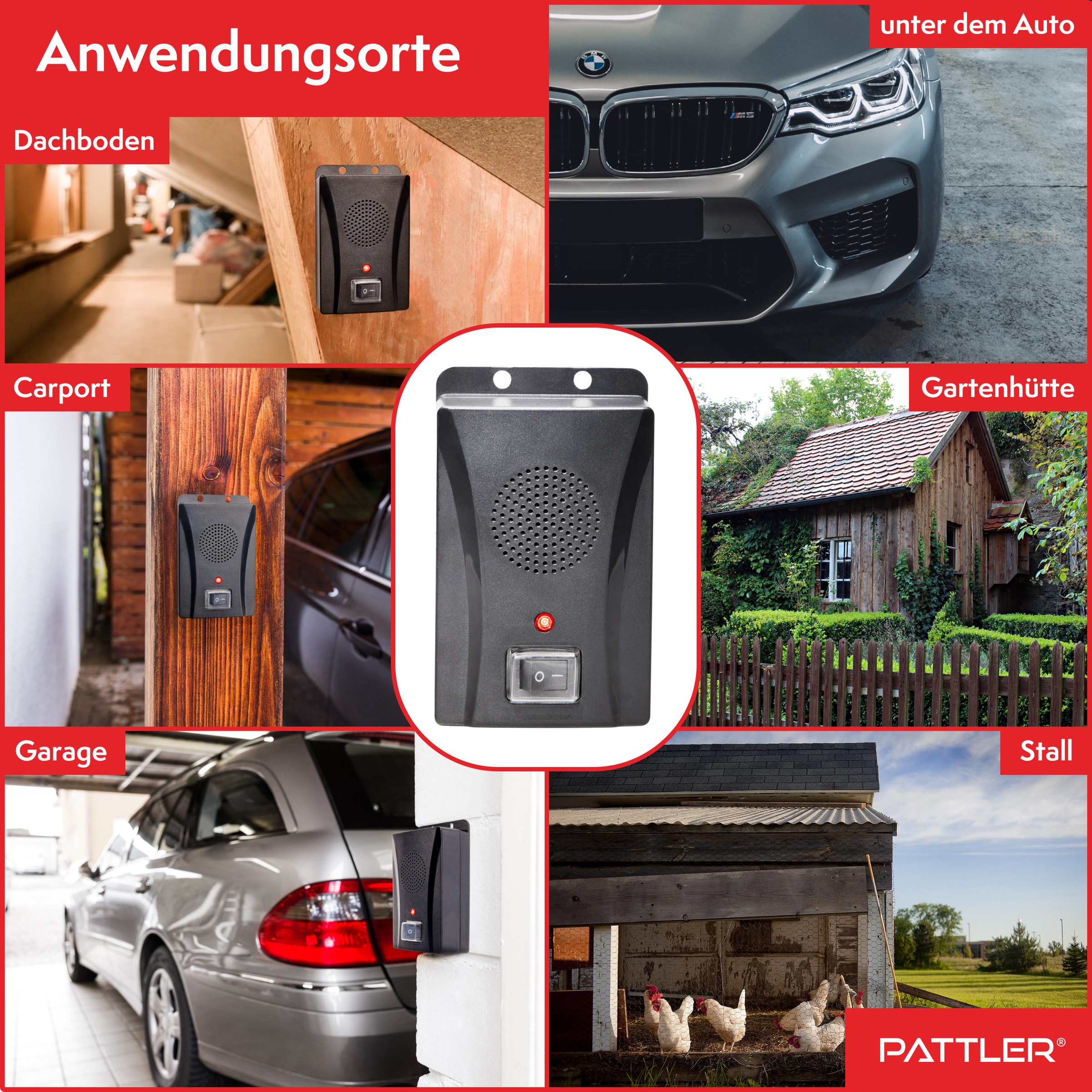 Pattler Ultraschall-Tierabwehr »Marderabwehr an Fahrzeug, Carport oder Stellplatz« 2 Geräte für ca. 80 m²