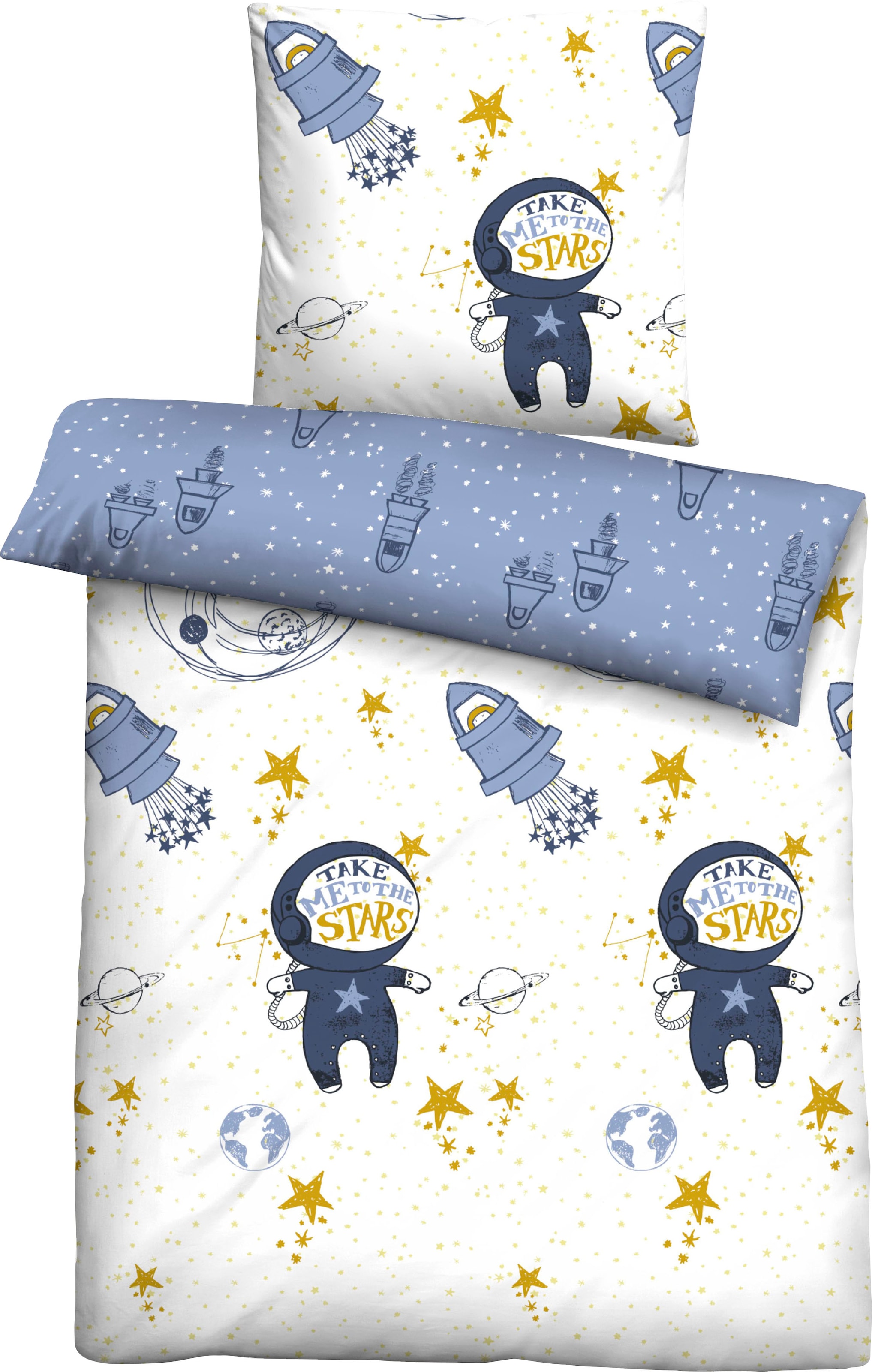 Biberna "Julien in Gr. 100x135 oder 135x200 cm, für Kinder, Astronaut & Rakete" 2 Stk. Feinbiber kuschelig warm im Winter, Kinderbettwäsche Weltraum, Kinder