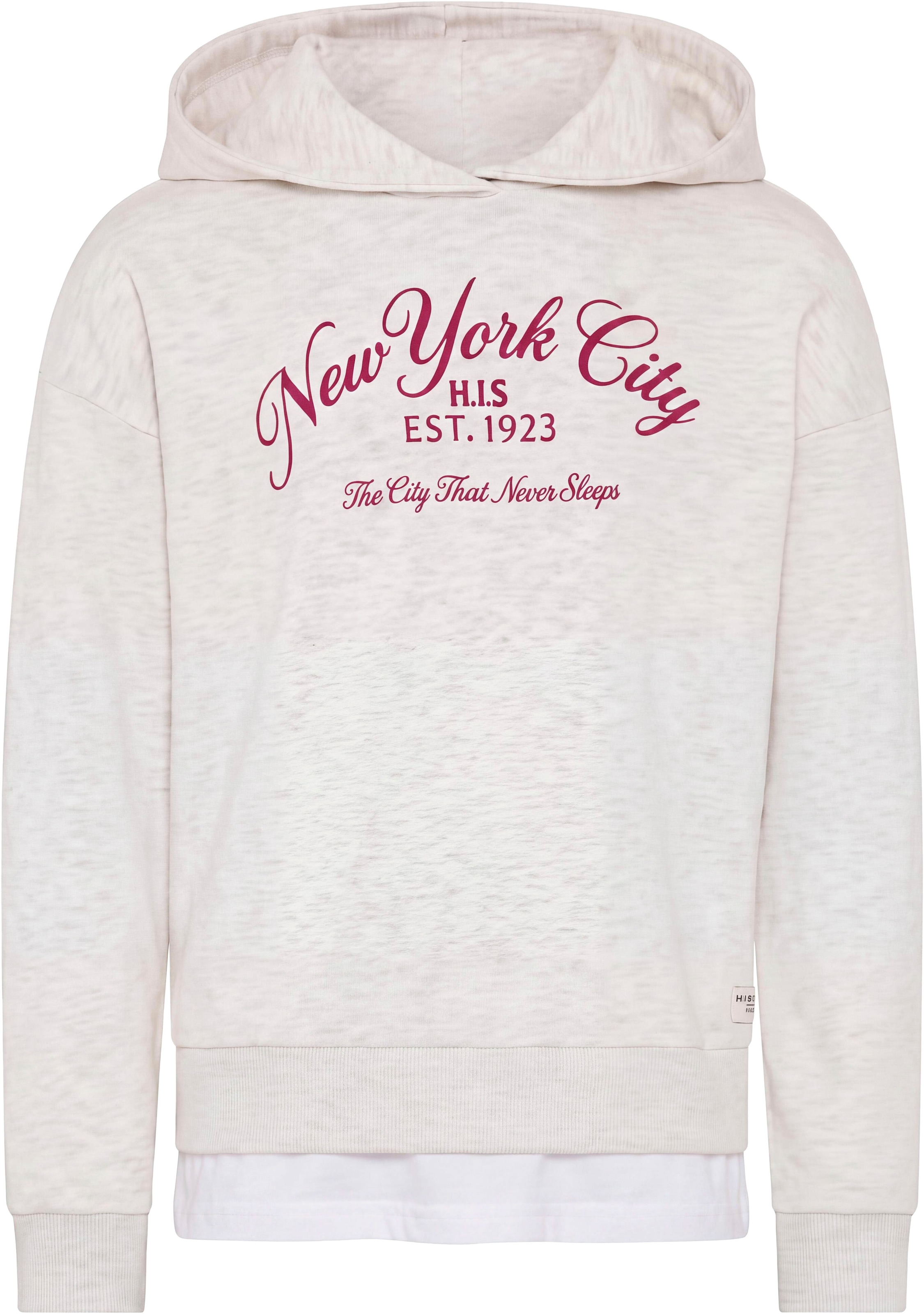 H.I.S Kapuzensweatshirt »2in1 look, H.I.S Sweatshirts mit New York Druck«, Hoodie mit modischem Druck und Badge, in weich angerauter Sweatware
