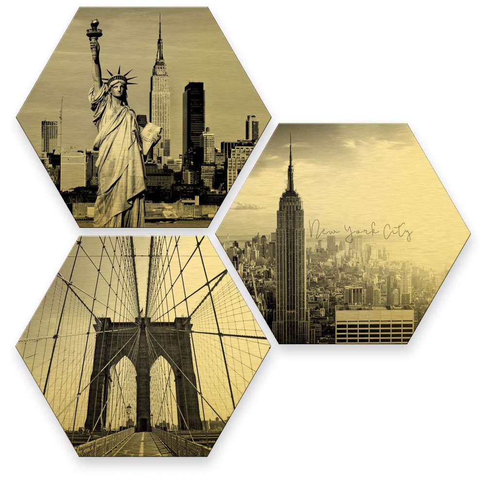 Wall-Art Mehrteilige Bilder "Goldeffekt New York Stadt Set", (Set, 3 St.), Metallschild Collage