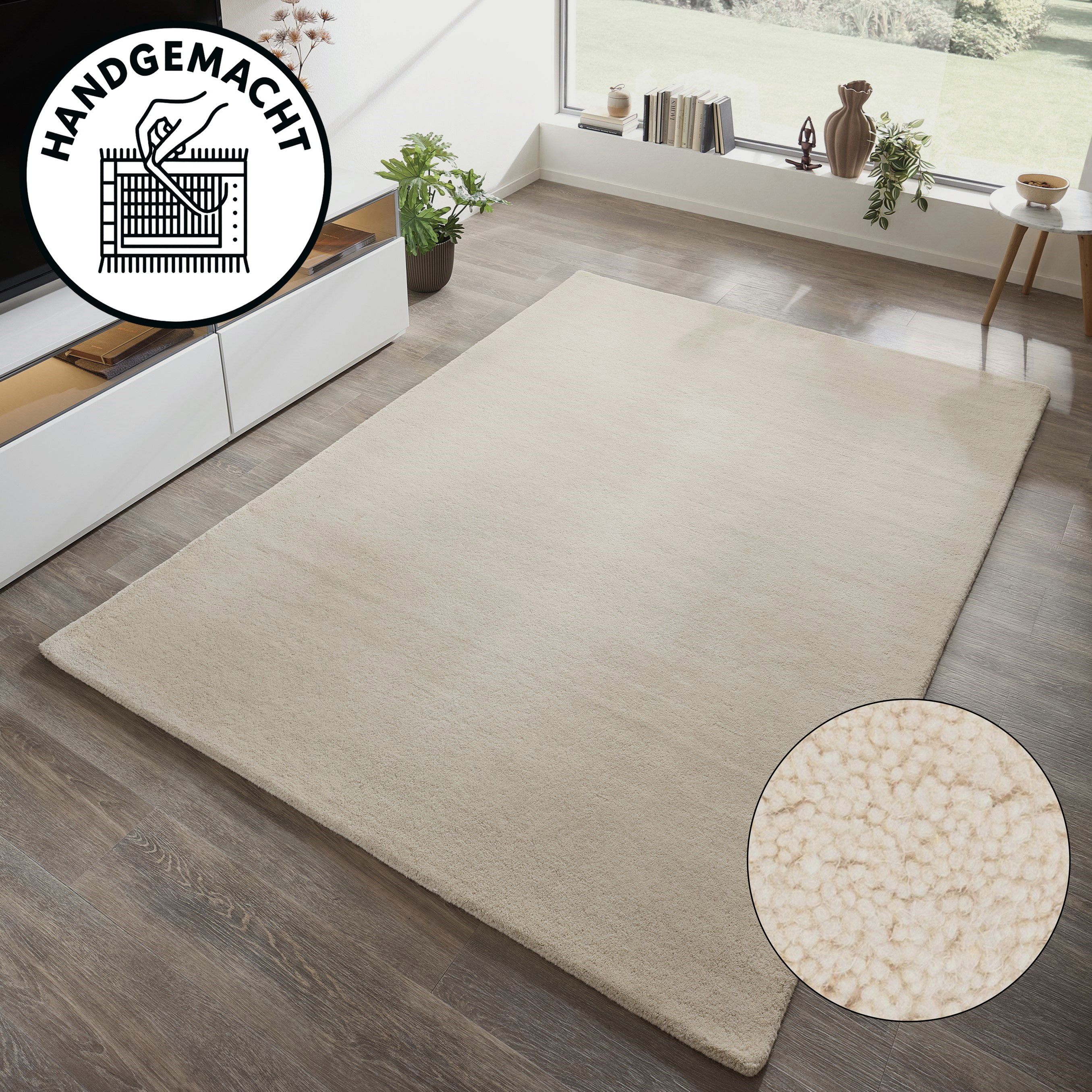 OTTO home Wollteppich "Gabbo Natur, Handgefertigt, Teppich, reine Wolle, meliert" rechteckig 14 mm Höhe reine Wolle, Uni, Wohnzimmer, Schlafzimmer, Esszimmer
