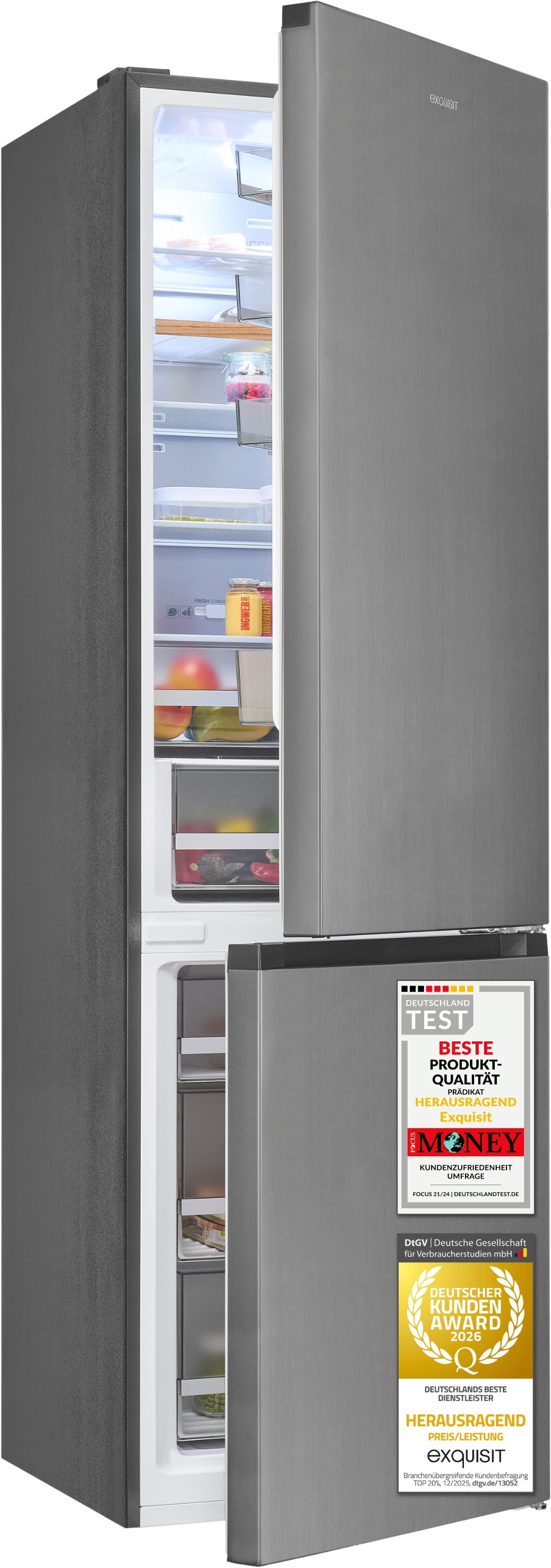exquisit Kühl-/Gefrierkombination "KGC380-115-NF-040A inoxlook" 200,5 cm hoch 59,5 cm breit Humidity Box für optimale Feuchtigkeitsregulierung & kein Abtauen mehr