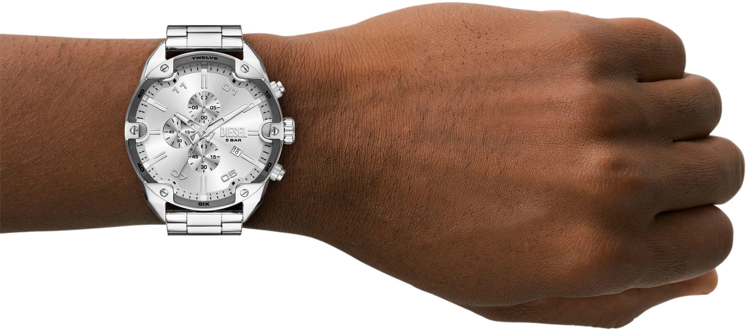 Diesel Chronograph »SPIKED«, Quarzuhr, Armbanduhr, Herrenuhr, Edelstahlarmband, Stoppfunktion, Tag