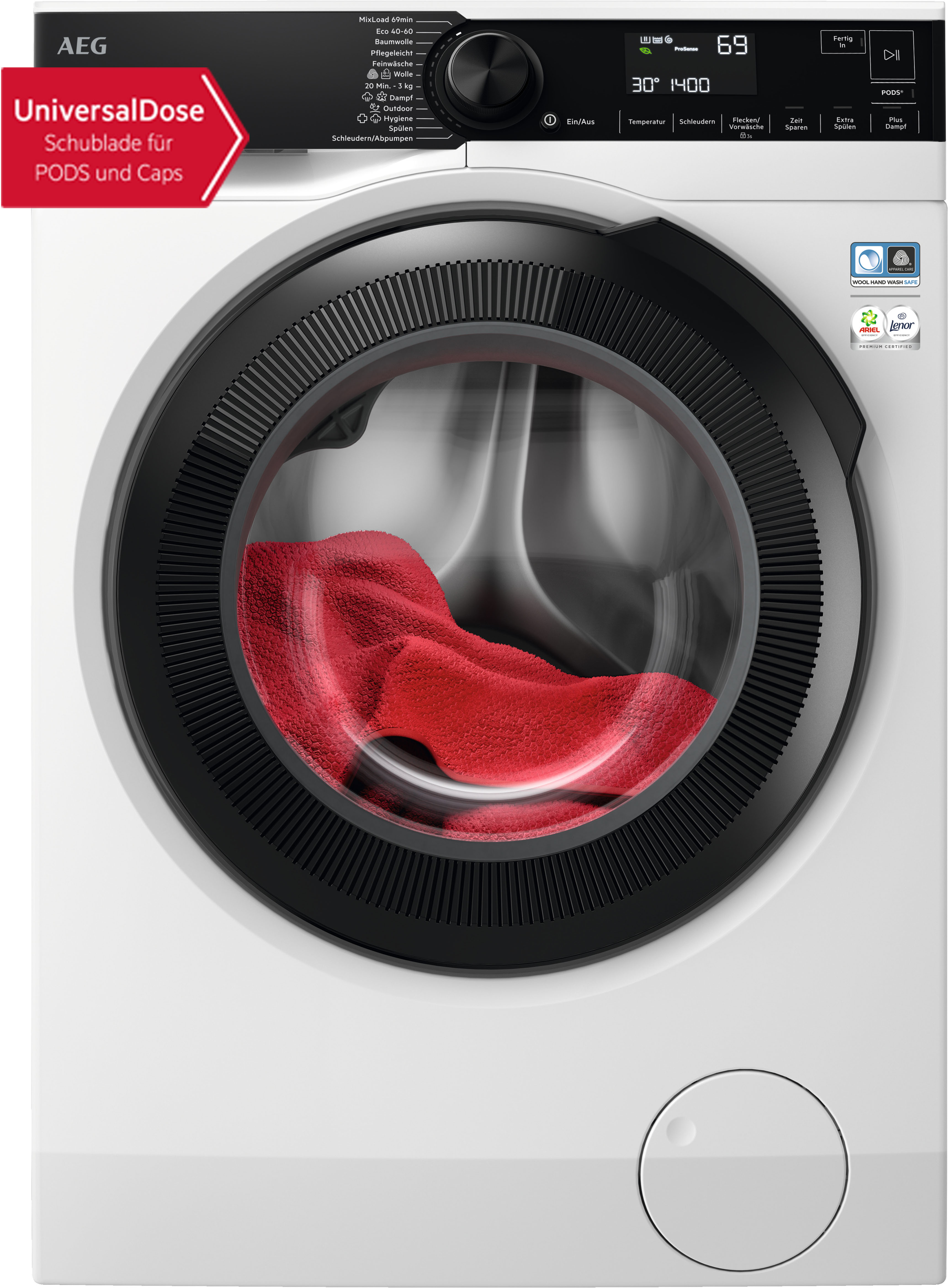 AEG Waschmaschine 7000 ProSteam "LR7EA410FL 914501653" 10 kg 1400 U/min UniversalDose: löst PODS/Caps 60 % schneller auf für beste Reinigung