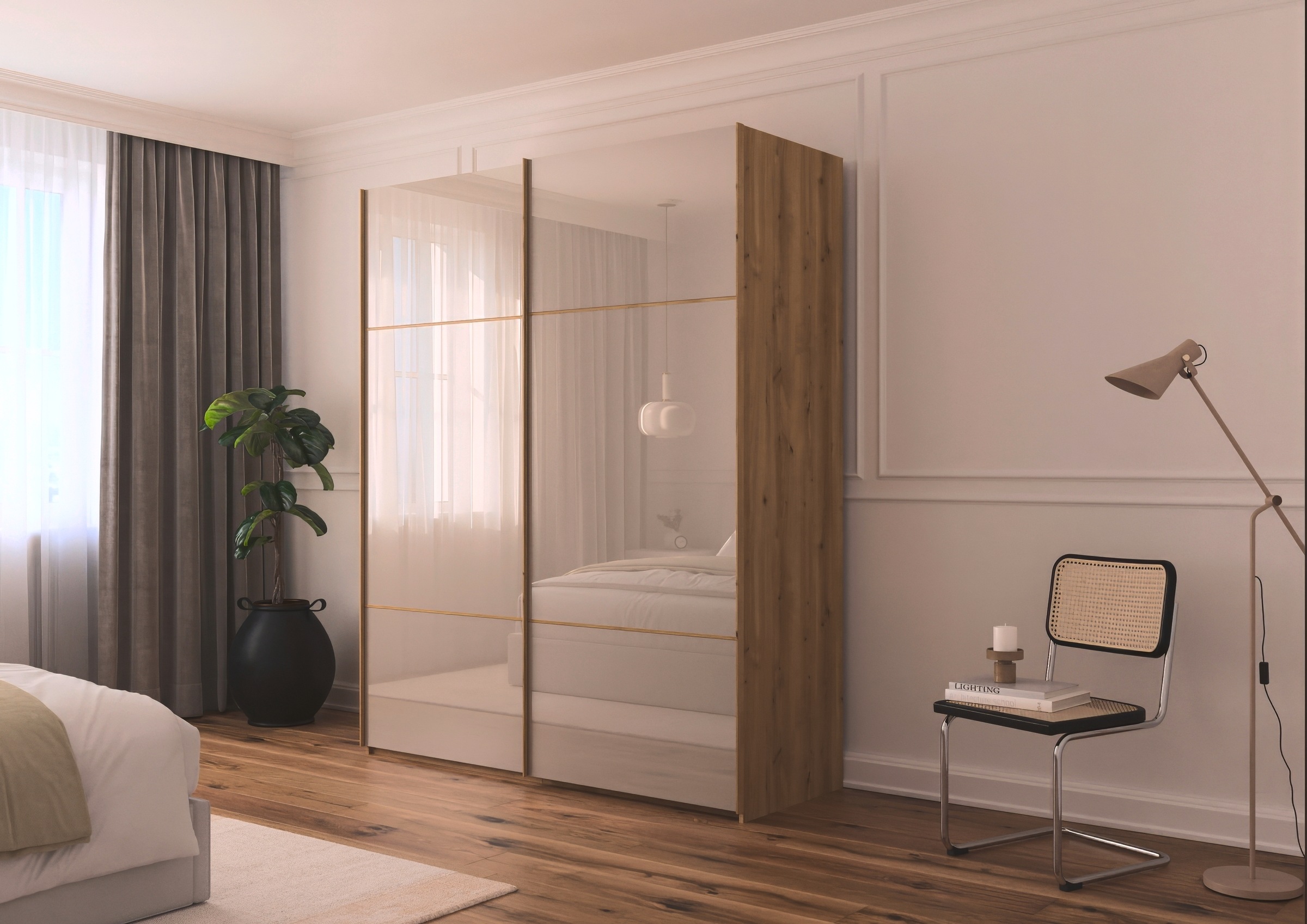 rauch Schwebetürenschrank »Kleiderschrank Schrank Garderobe Schlafzimmerschrank SCALE-TRIO« edle dreigeteilte Front mit 2 Zierleisten Glasfront MADE IN GERMANY
