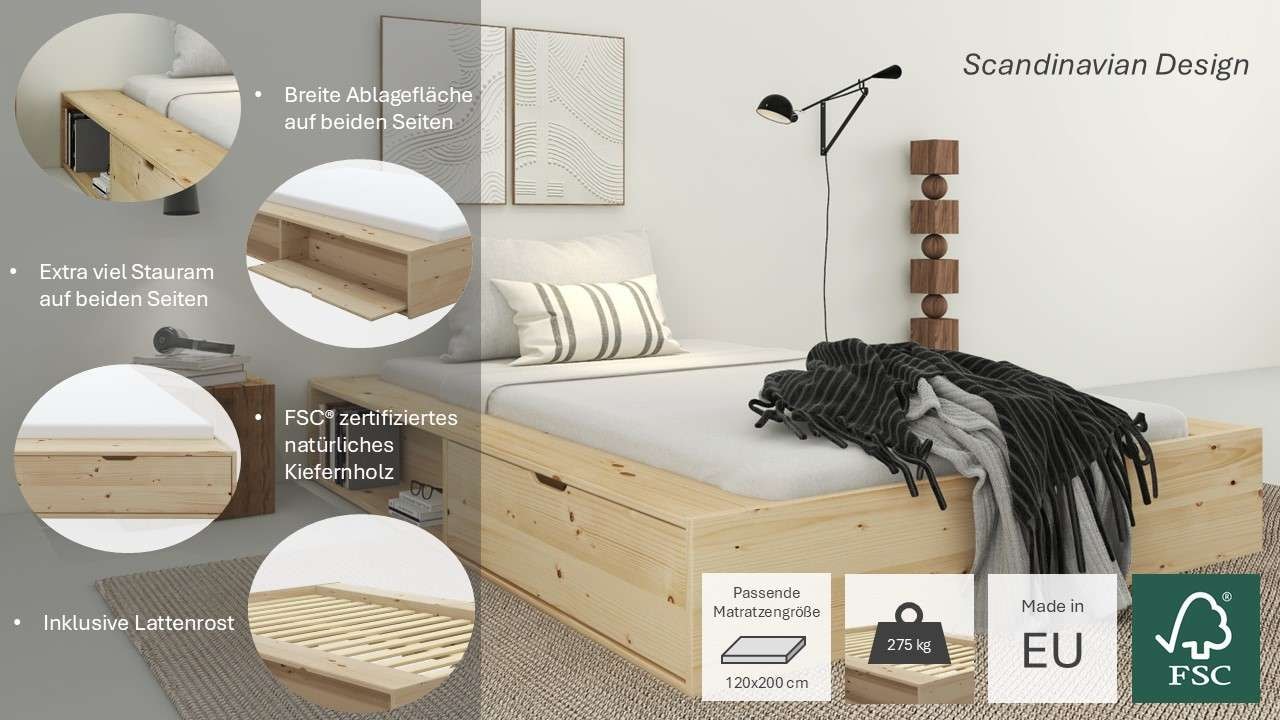 Home affaire Stauraumbett »Erno, Massivholzbett, Futonbett, 275KG belastbar«, (Breite/ Belastbarkeit: 120cm/275 KG, 180cm/275 KG), mit Lattenrost, Massivholz, FSC® zertifiziert, viel Stauraum + Ablagen