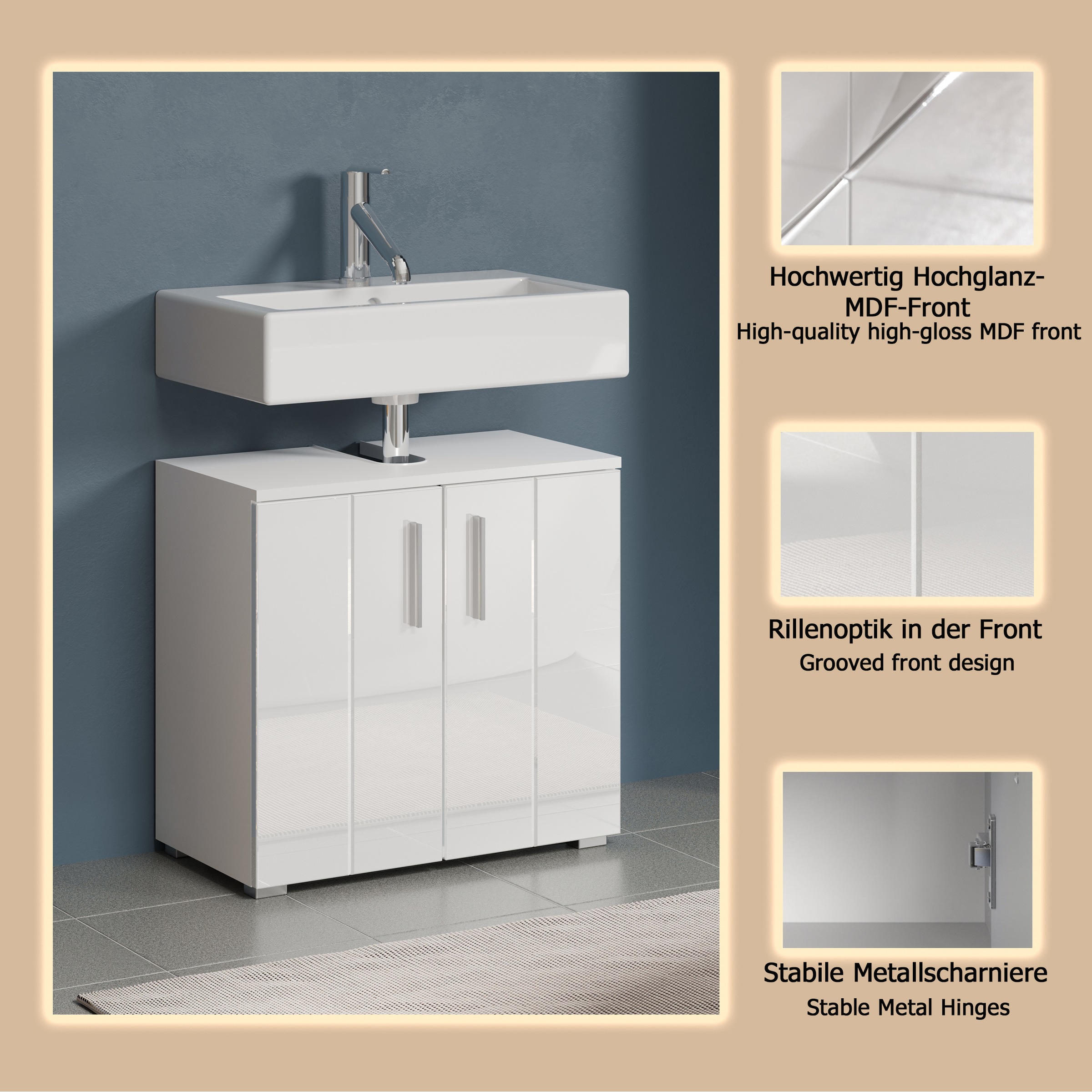 welltime Waschbeckenunterschrank »Prag«, (1 St.), Waschbeckenunterschrank mit 2 Türen - (B/T/H) 60/34/58 cm