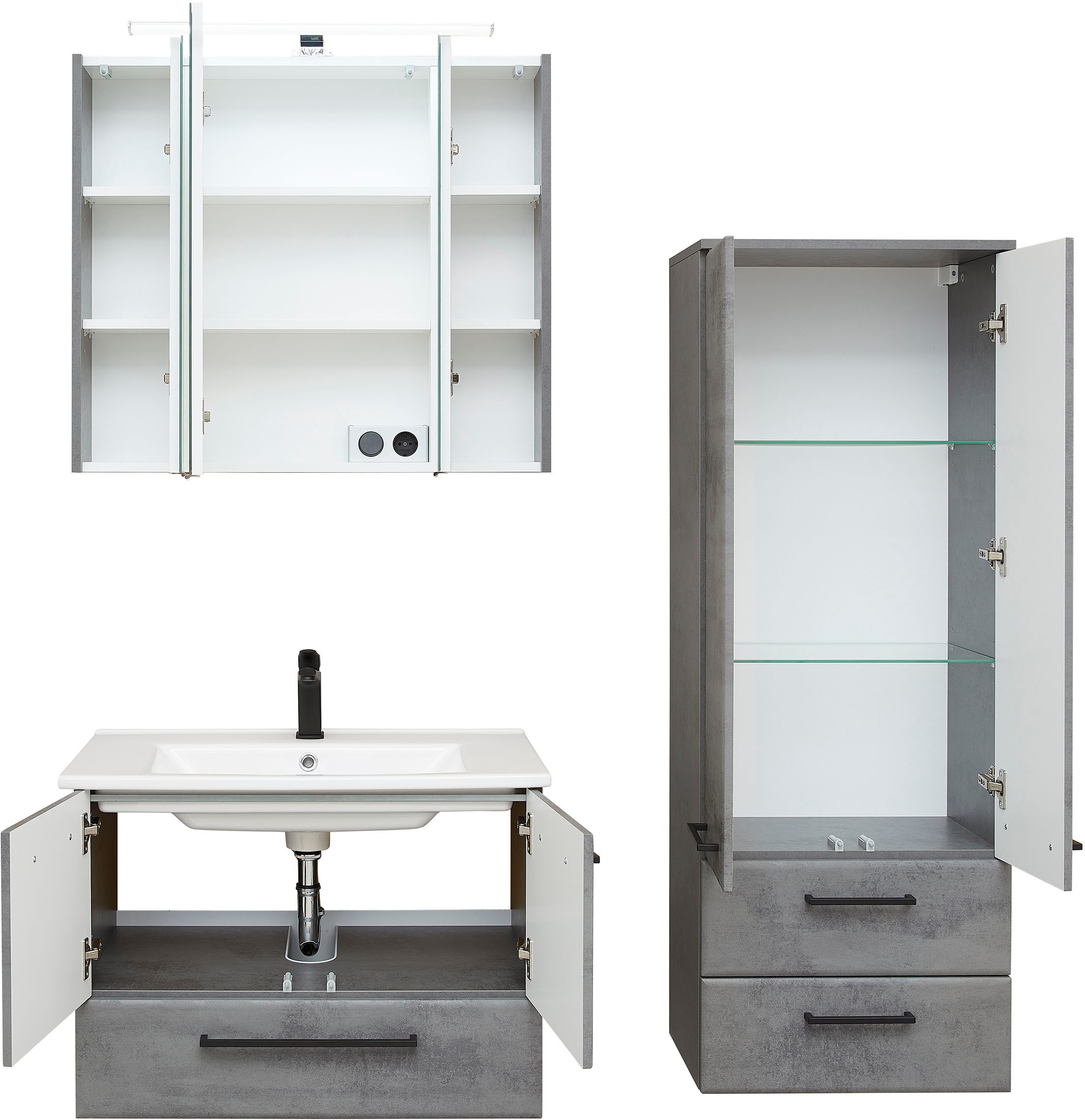 Saphir Badmöbel-Set »Quickset 945 3-teilig, Keramik-Waschtisch mit LED-Spiegelschrank«, (4 St.), Midischrank, 7 Türen, 3 Schubladen, 8 Einlegeböden, inkl. Türdämpfer