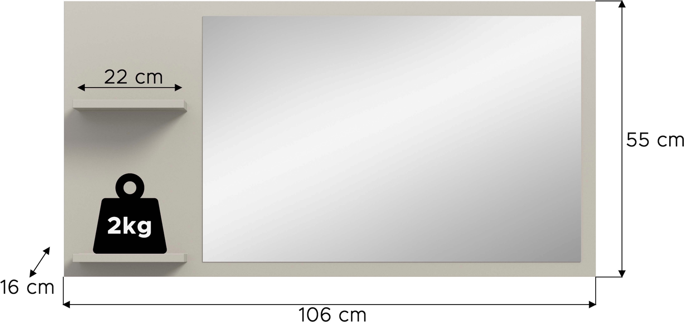 Home affaire Spiegel »TATIO, 106x55x16 cm, 2 Ablageböden, große Spiegelfläche« Garderobenspiegel, Flurspiegel