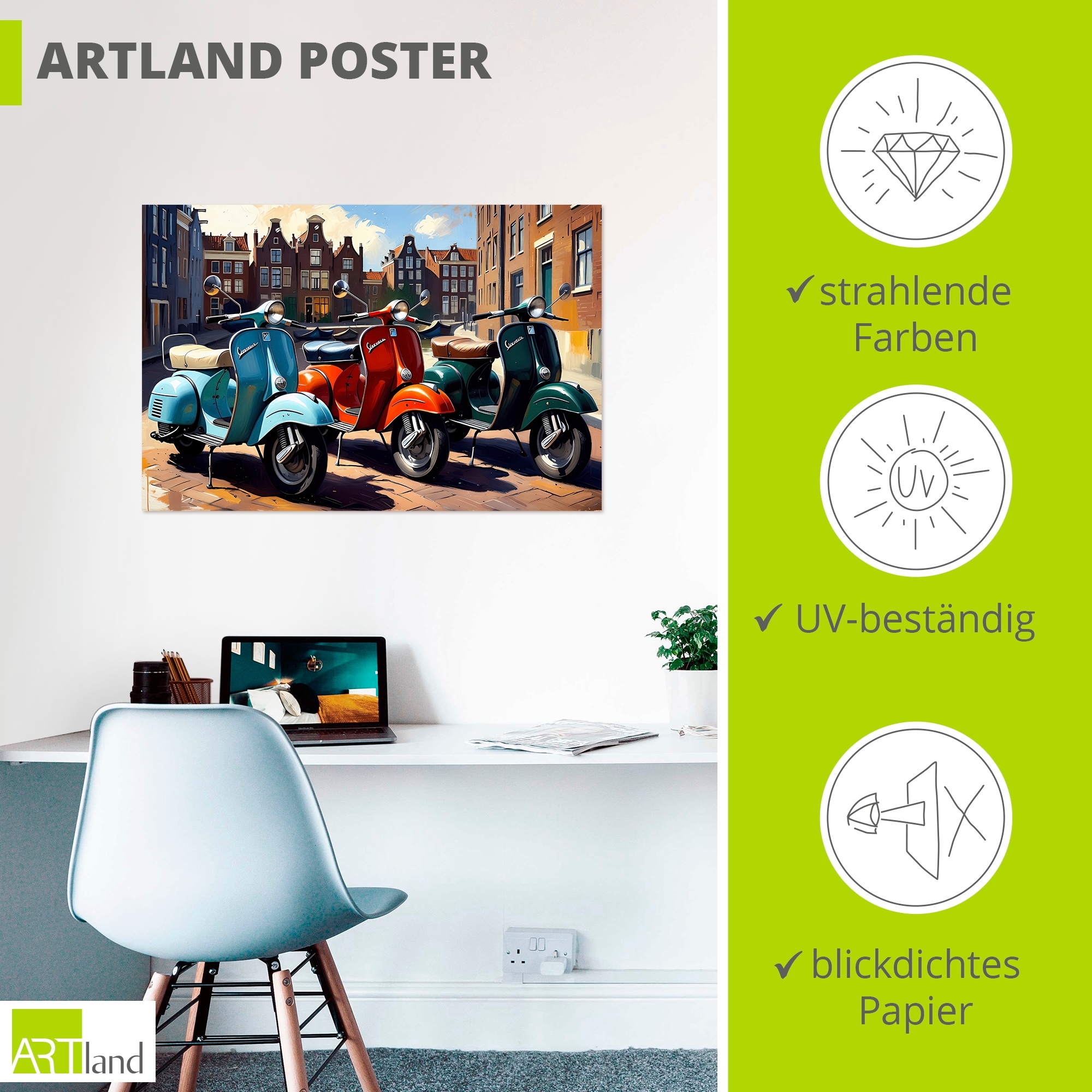 Artland Wandbild »Mit dem Motorroller nach Amsterdam« 1 Stk. tlg. als Alubild, Leinwandbild, Poster, Wandaufkleber in verschied. Größen