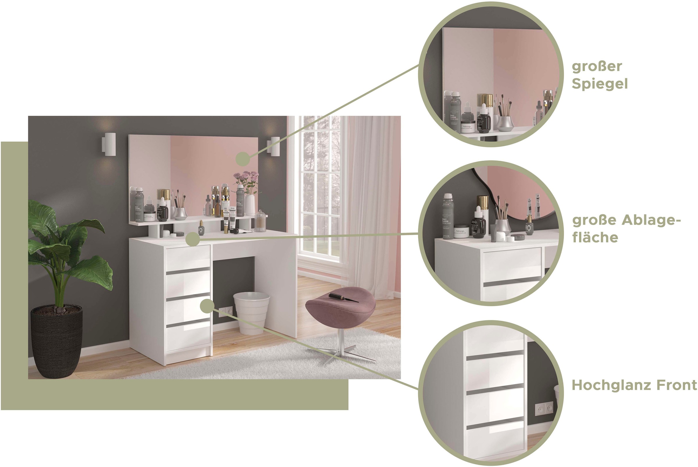 welltime Badspiegel »Pisa, Breite 110 cm, passend zu Schreibtisch Pisa 24251256«, 1 Ablageboden, Schminkspiegel, Spiegel, Aufsatzspiegel, Schminktisch