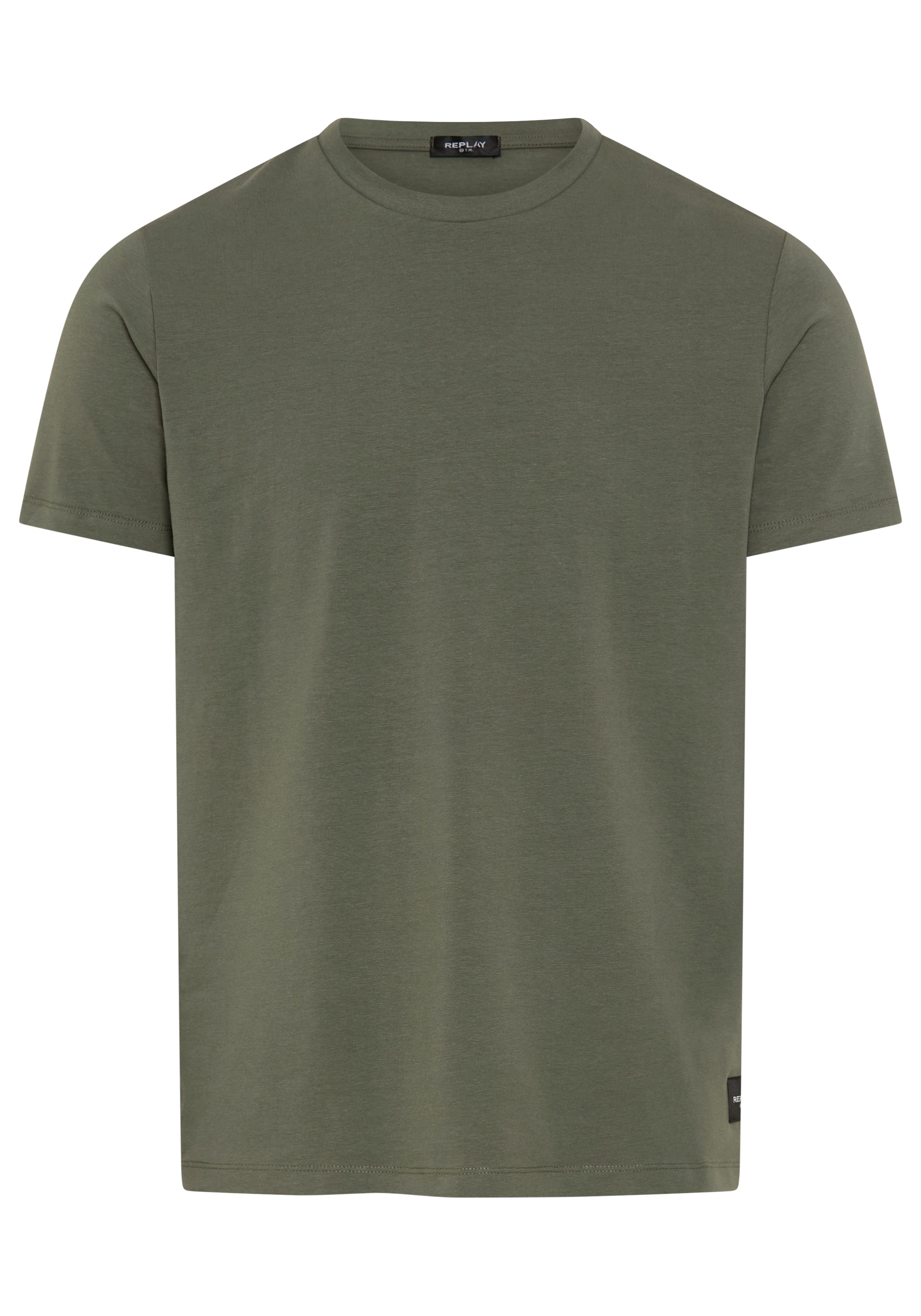 T-Shirt REPLAY, Damen, Gr. XL, military, Single Jersey, Obermaterial: 95% Baumwolle, 5% Elasthan, unifarben, regular fit normal, Rundhals, abgesteppte Kante, Shirts T-Shirt, Baumwoll-Mix, Rundhalsform