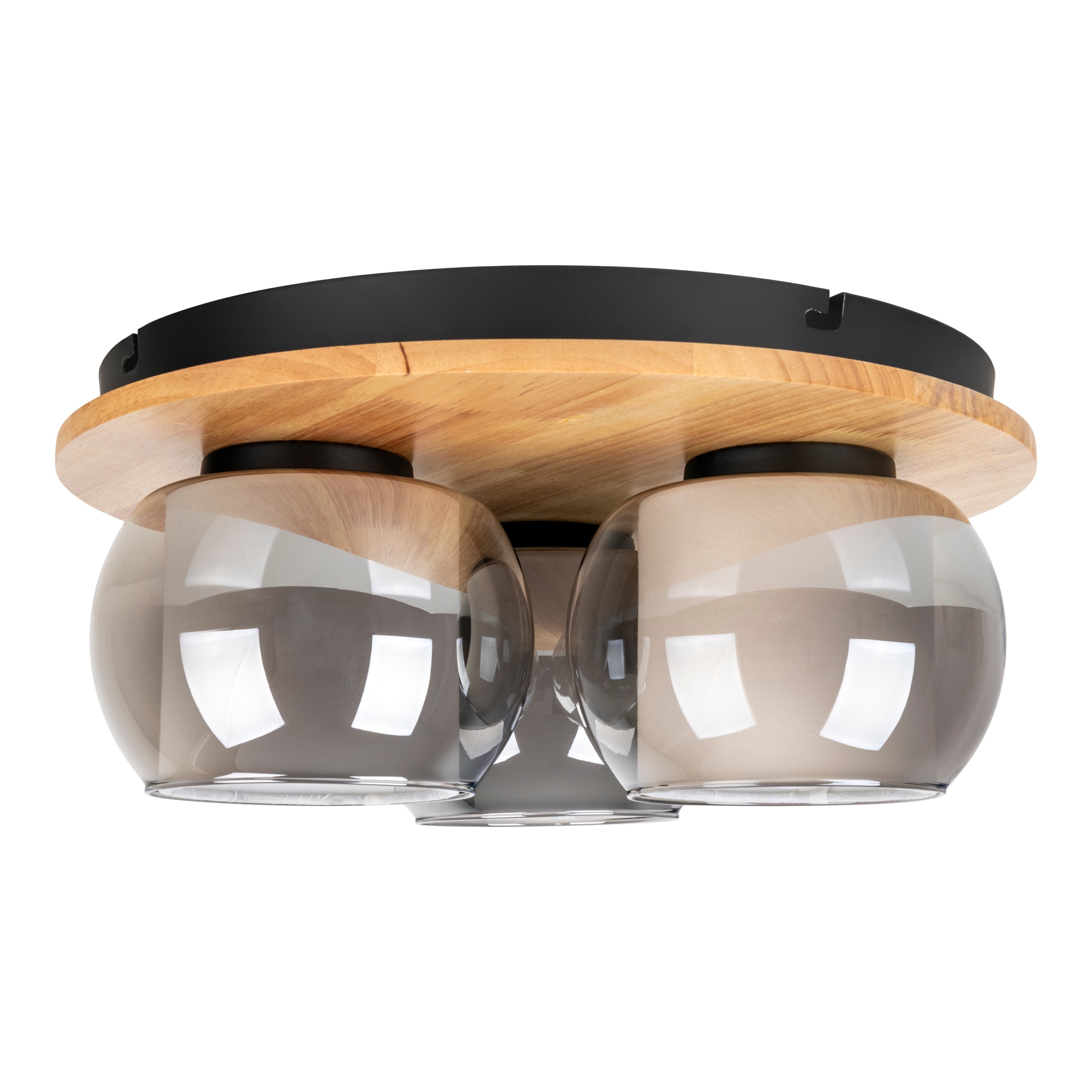 NÄVE Deckenleuchte "Texas", 3, Ø 15cm H: 15cm, 1 Stk.natur, Wohnzimmer, Leuchten, Glasschirm smokey, naturfarbenes Holzdetail, E27 exkl.