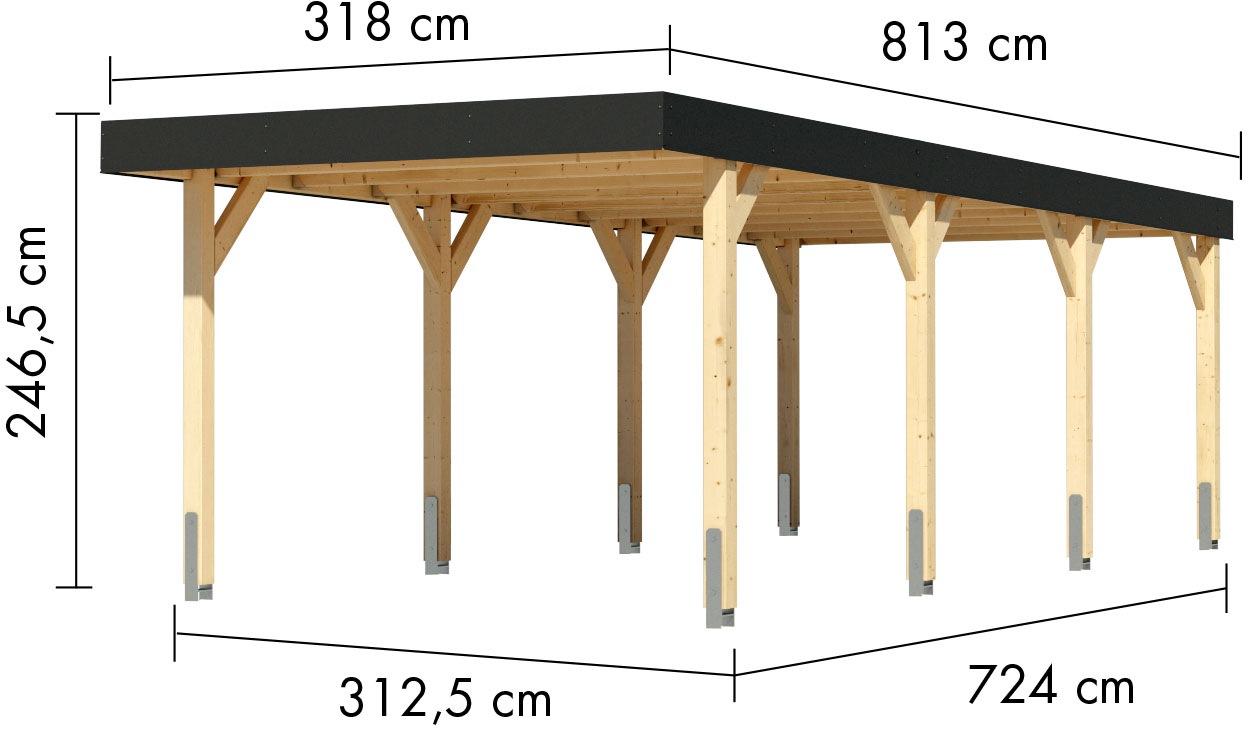 Karibu Einzelcarport, Leimholz, 288 cm, naturbelassen, aus kesseldruckimprägniertem Massivholz