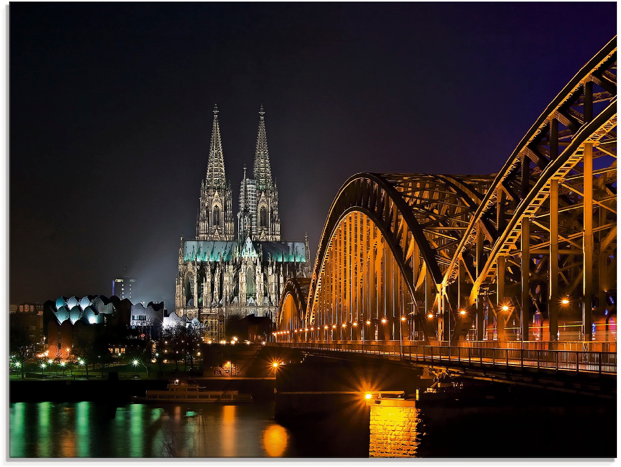 Glasbild ARTLAND "Kölner Dom mit Brücke", schwarz (farbe bild(er): schwarz), B:80cm H:60cm, Bilder, in verschiedenen Größen