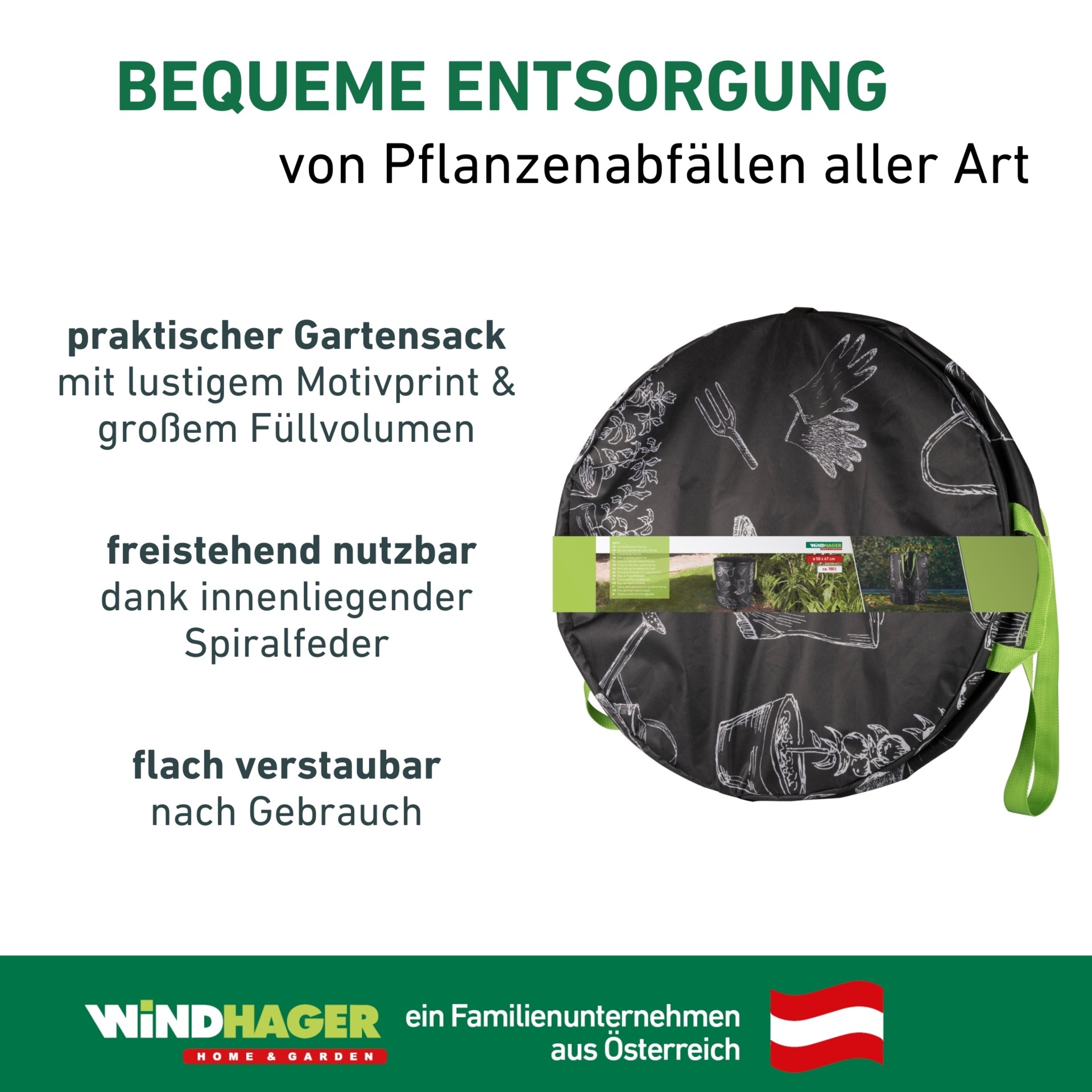 Windhager Gartensack »Pop-up Bag mit Motiv aus hochwertigem Oxford 600D Gewebe« 1 tlg. selbststehender Laubsack 180 Liter, Gartenabfallsack wiederverwendbar