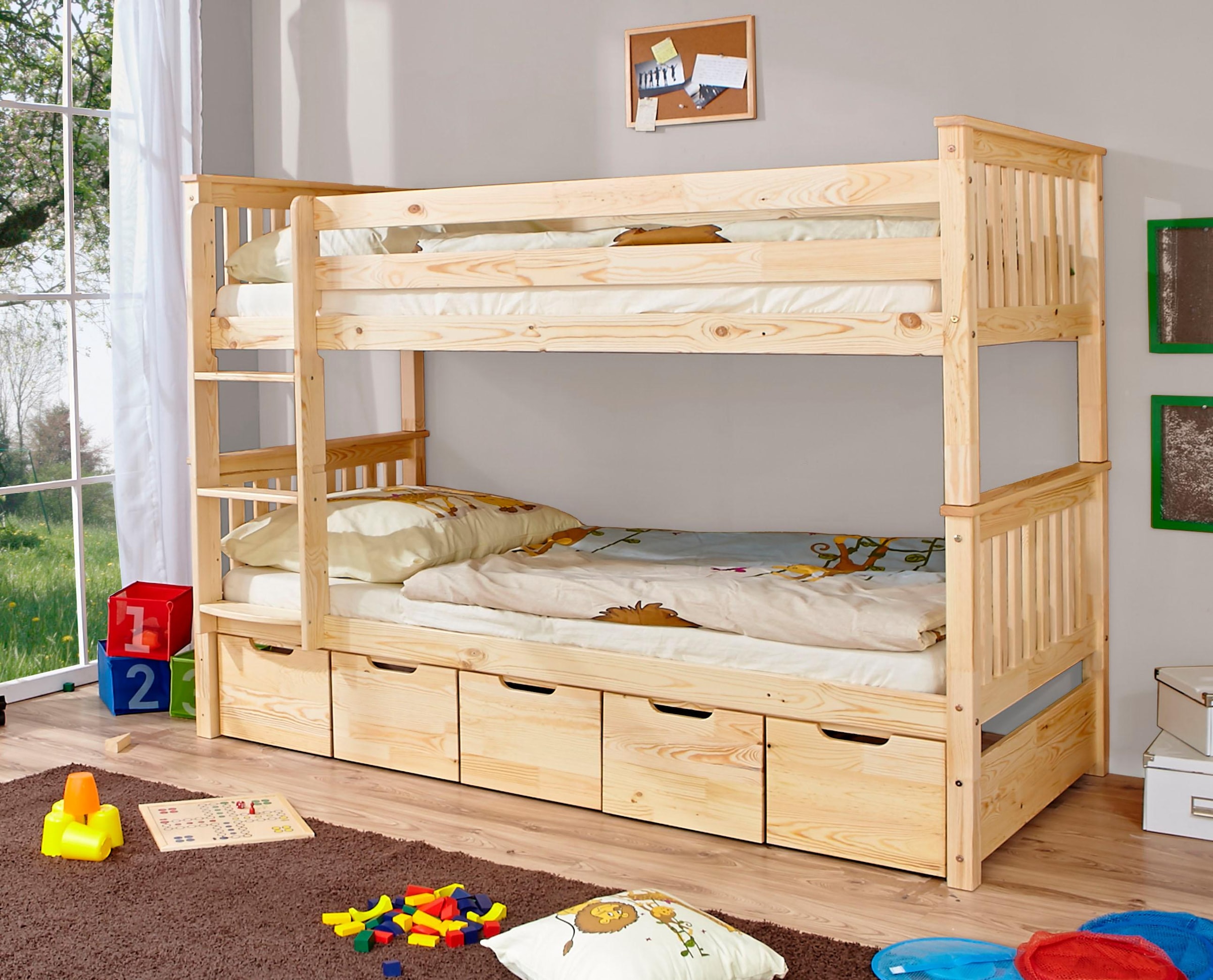Ticaa Etagenbett »Sammy«, (90x200cm), mit Stauraum, umbaubar zu 2 Einzelbetten, Rollrost, Massivholz