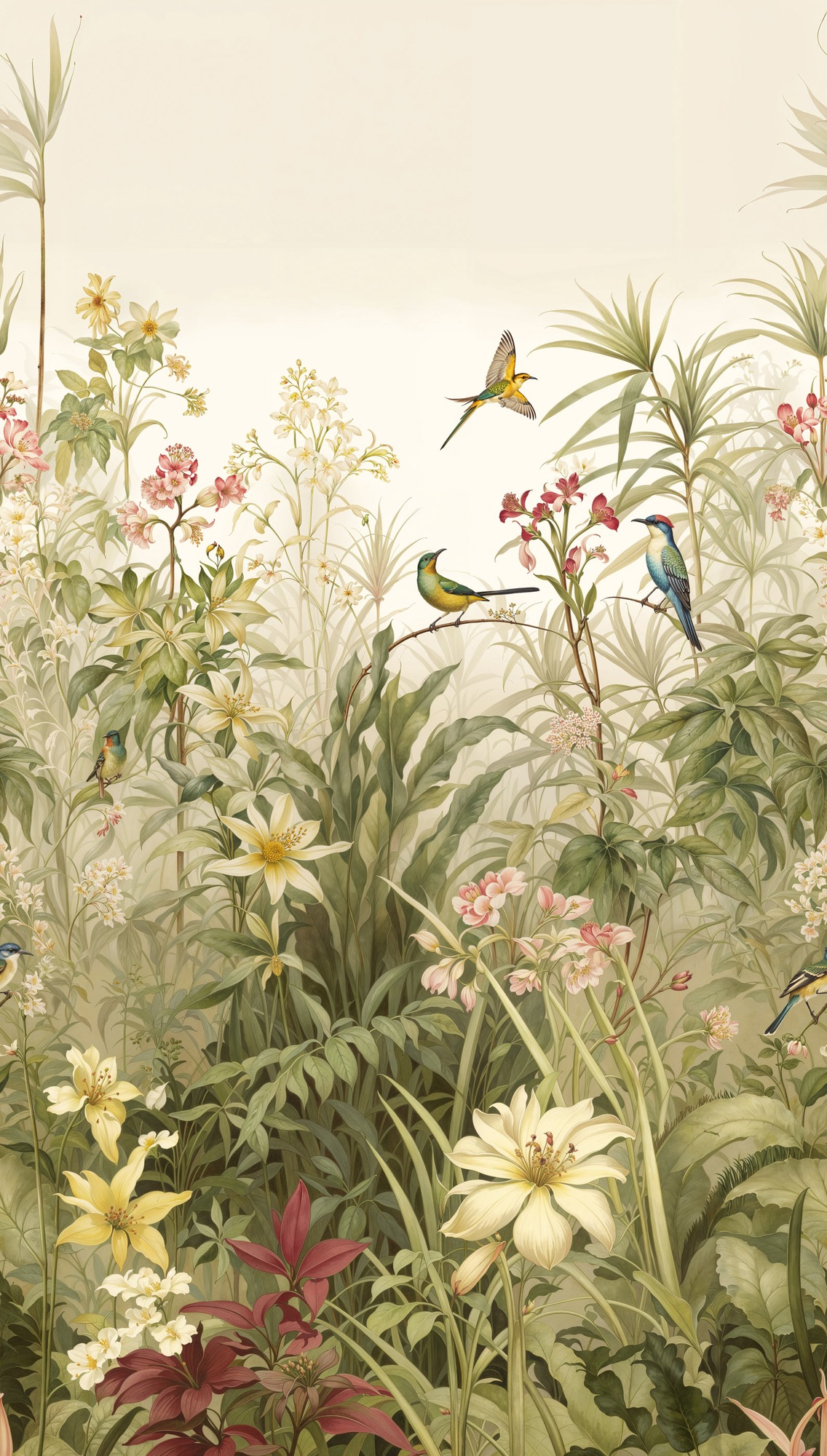living walls Fototapete »The Wall 4 Flowers – Vögel und Wildpflanzen Vlies-Fototapete« botanisch | floral | matt leicht strukturiert Vögel und Wildpflanzen – natürlicher Tiefenwirkung