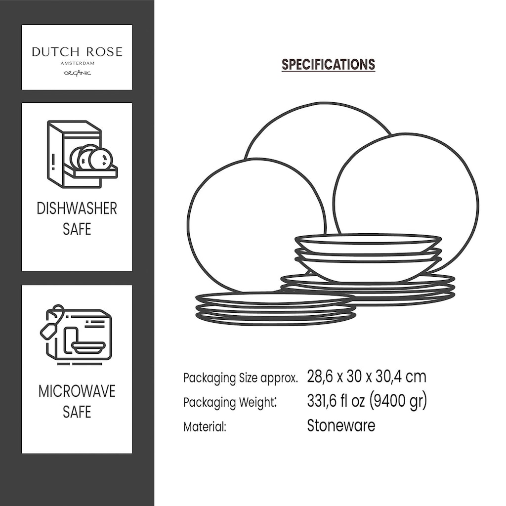 DUTCH ROSE AMSTERDAM Tafelservice »Geschirr-Set, Service Dutch Rose Amsterdam Organic«, (Set, 12 tlg., 4 Speiseteller 26,5 cm + 4 Teller 21,5 cm + 4 Teller tief 23,5 cm)