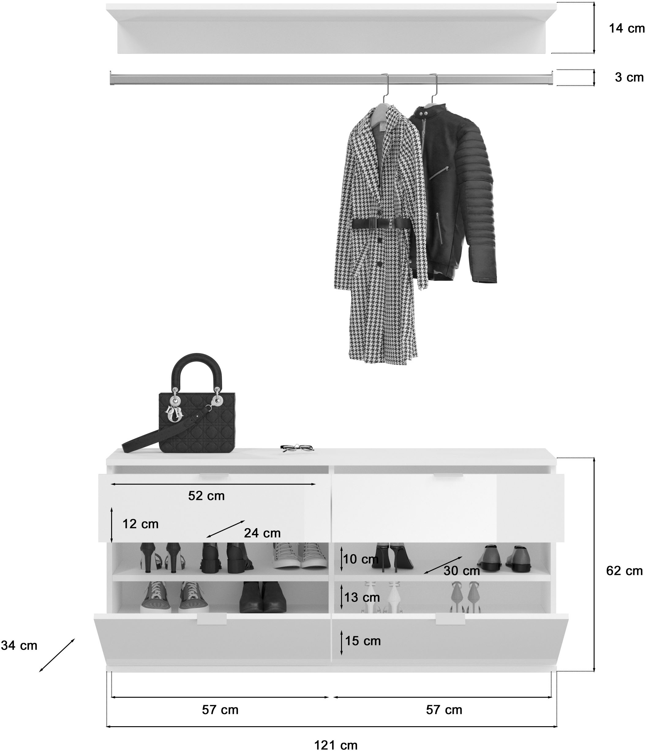 INOSIGN Garderoben-Set »Trondheim, Breite 212 cm, 5-teilig, bestehend aus:«, (Set, 4 St.), 2x Garderobenschrank, 1 Kommode, 1 Garderobenstange, 1 Ablageboden