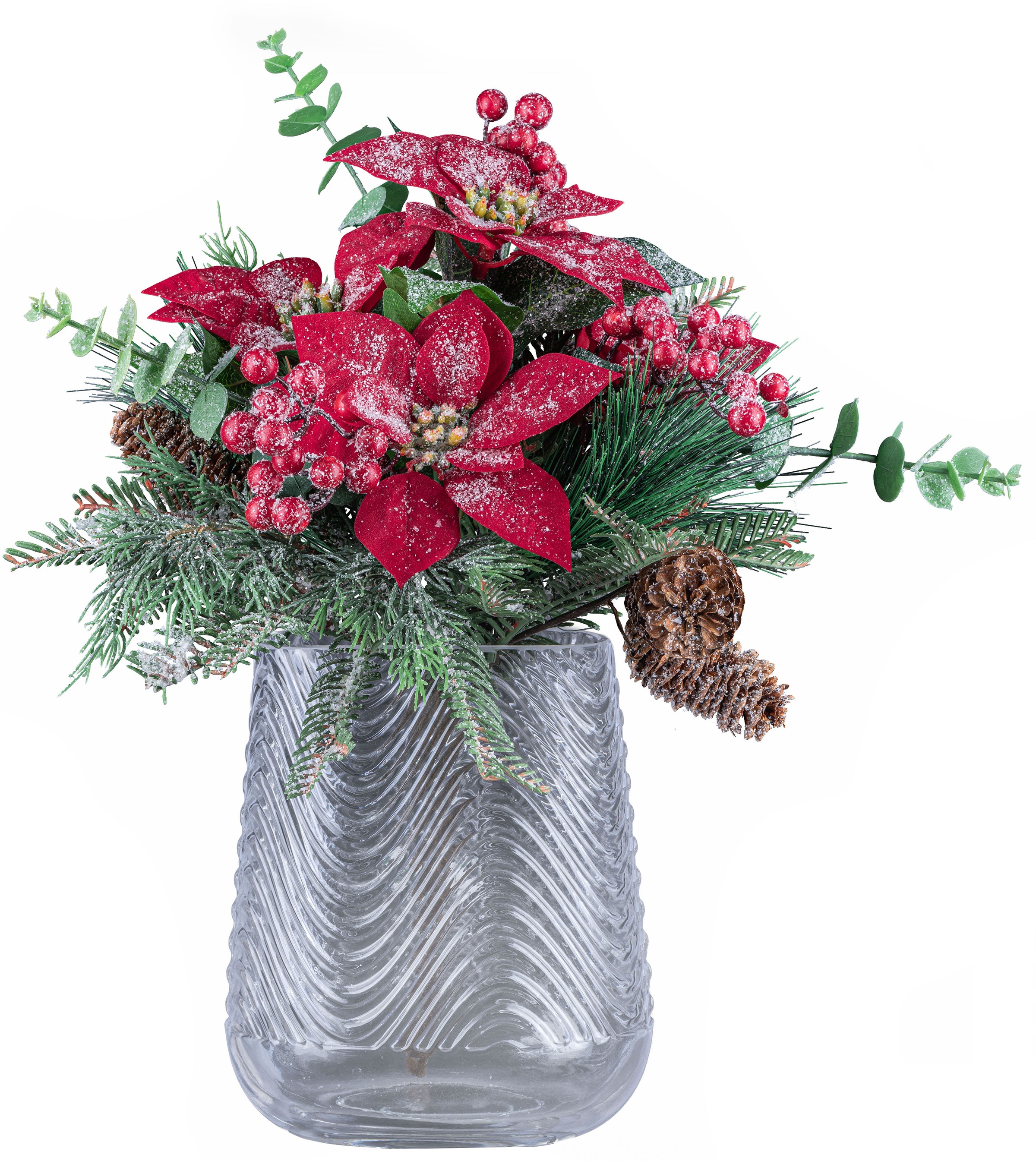 Creativ deco Dekovase »Weihnachtsdeko«, (Set, 2 St., 1 Vase, 1 Bouquet), mit Poinsettien-Mixbund in geeister Optik