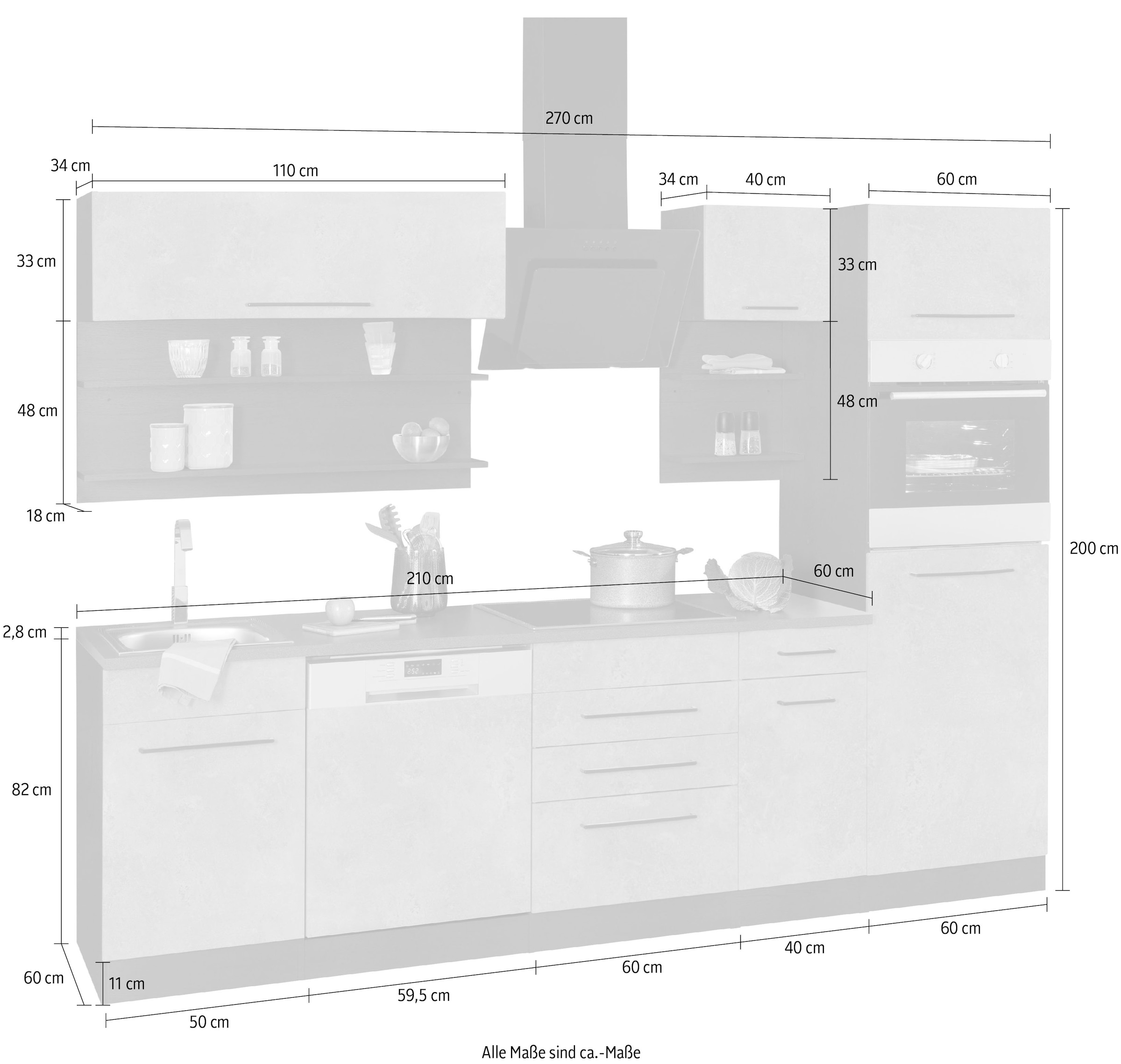 KOCHSTATION Küchenzeile »KS-Tulsa«, ohne E-Geräte, Breite 270 cm, schwarze Metallgriffe, MDF Fronten