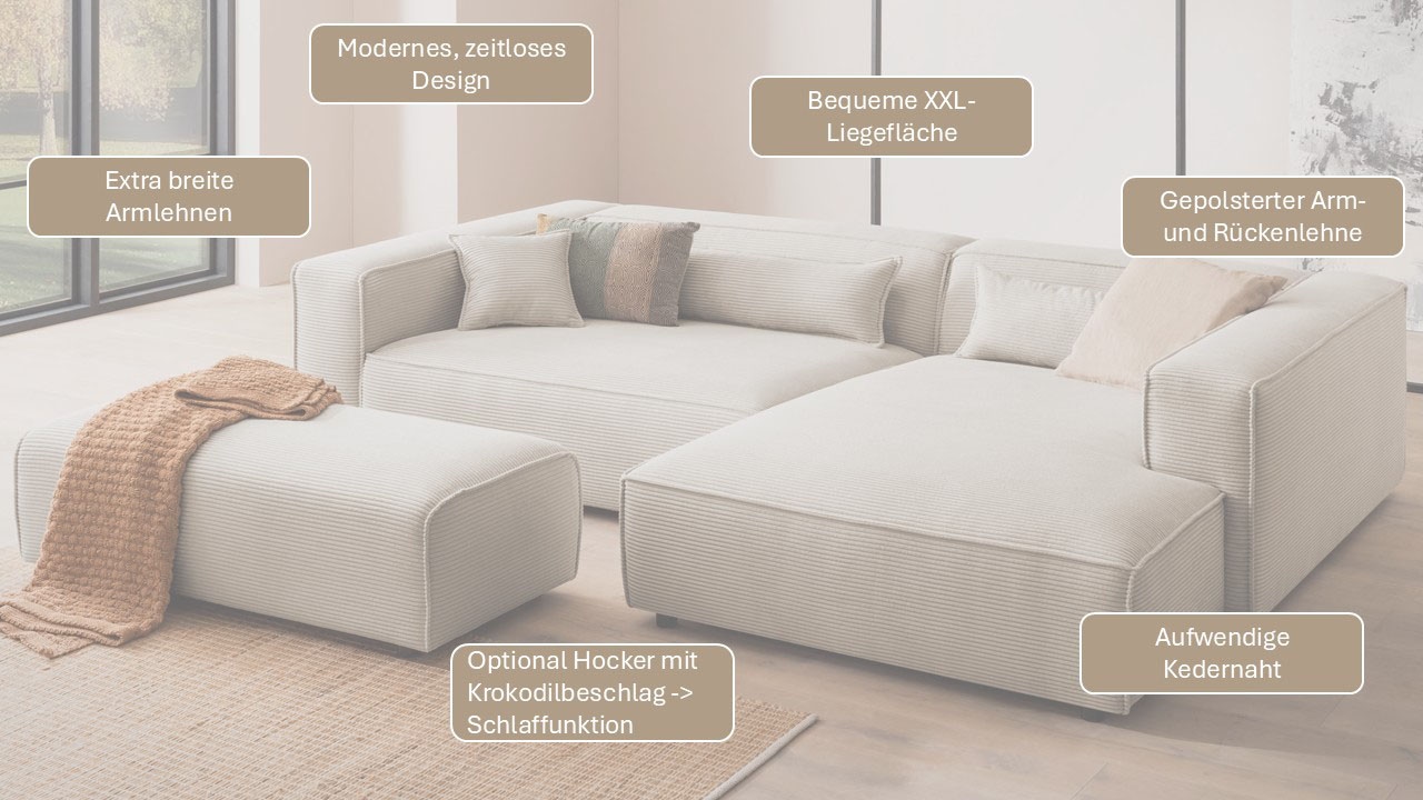 LeGer Home by Lena Gercke »PIARA XXL, Big-Sofa, Cord, Leinenoptik o. Strukturstoff, L-Form« wahlweise Ottomane rechts/links, Kedernaht, extra tiefe Sitzfläche