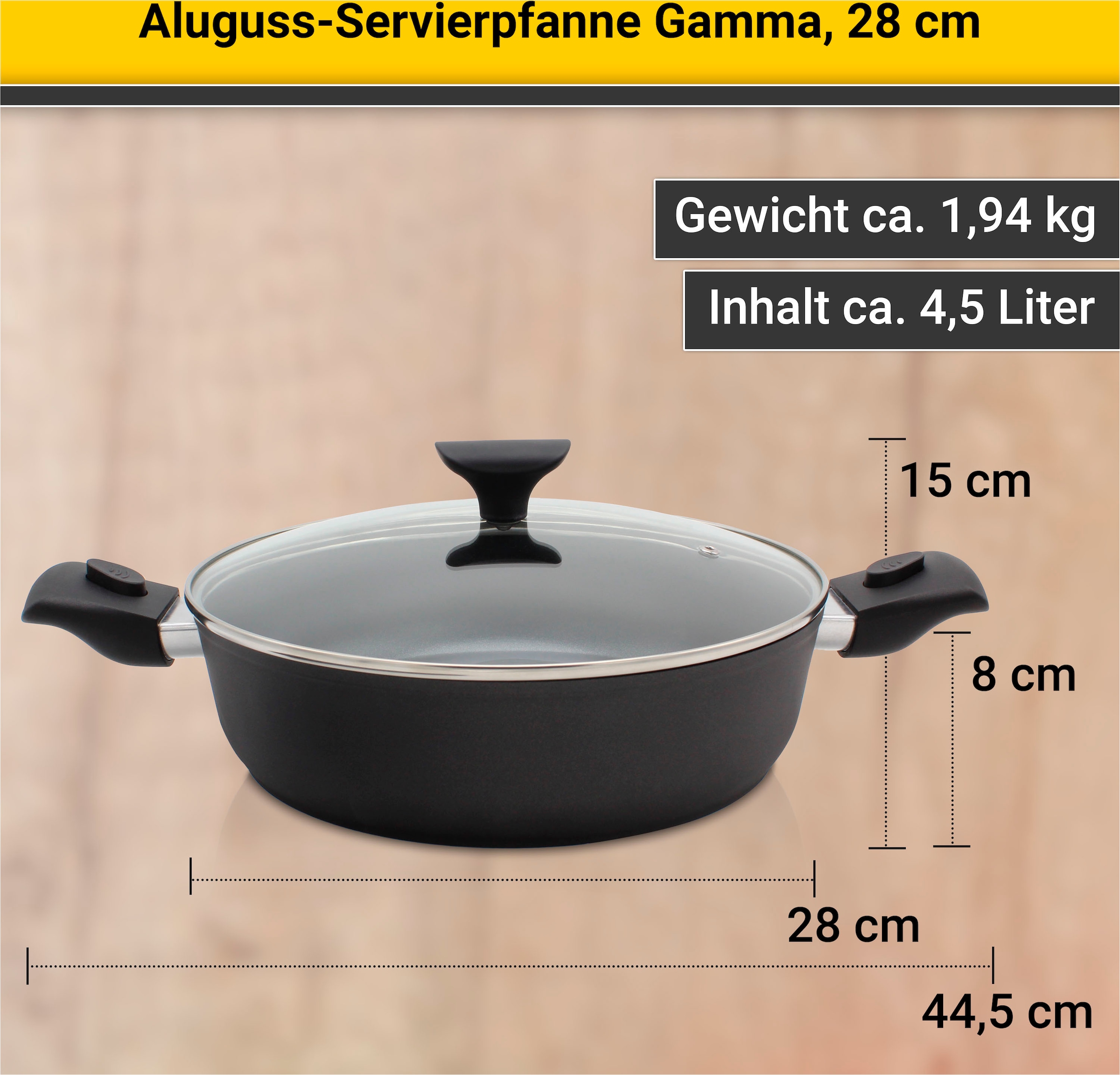 Krüger Servierpfanne »Aluguss Pfanne GAMMA mit Glasdeckel, 28 cm, mit abnehmbaren Griffen«, Aluminiumguss, für Induktions-Kochfelder geeignet, auch als Schmorpfanne verwendbar