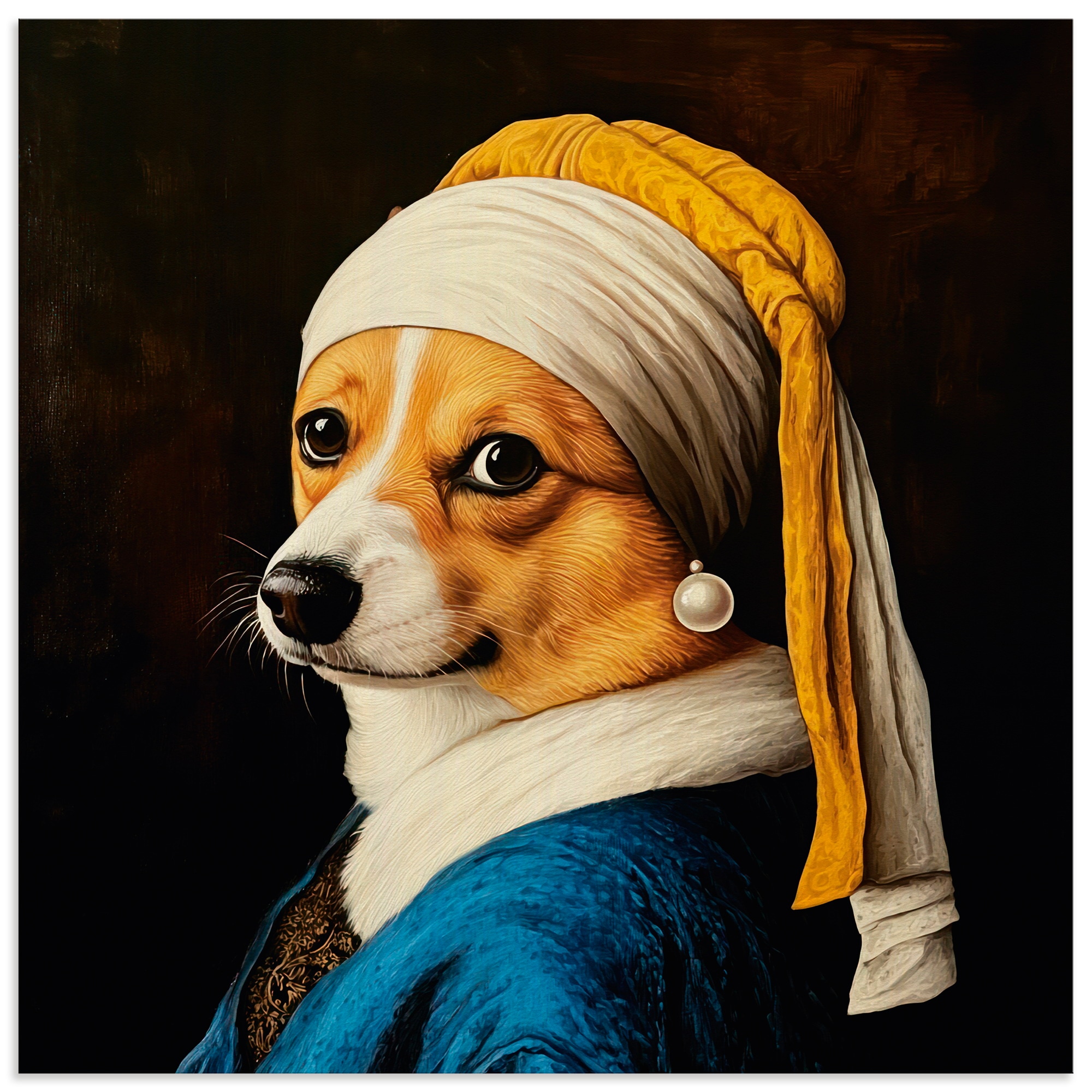 Wandbild ARTLAND "Der Corgi mit dem Perlenohrring", farbe bild(er): schwarz, B:40cm H:40cm, Alu Dibond, Bilder, als Alubild, Leinwandbild, Poster, Wandaufkleber in verschied. Größen