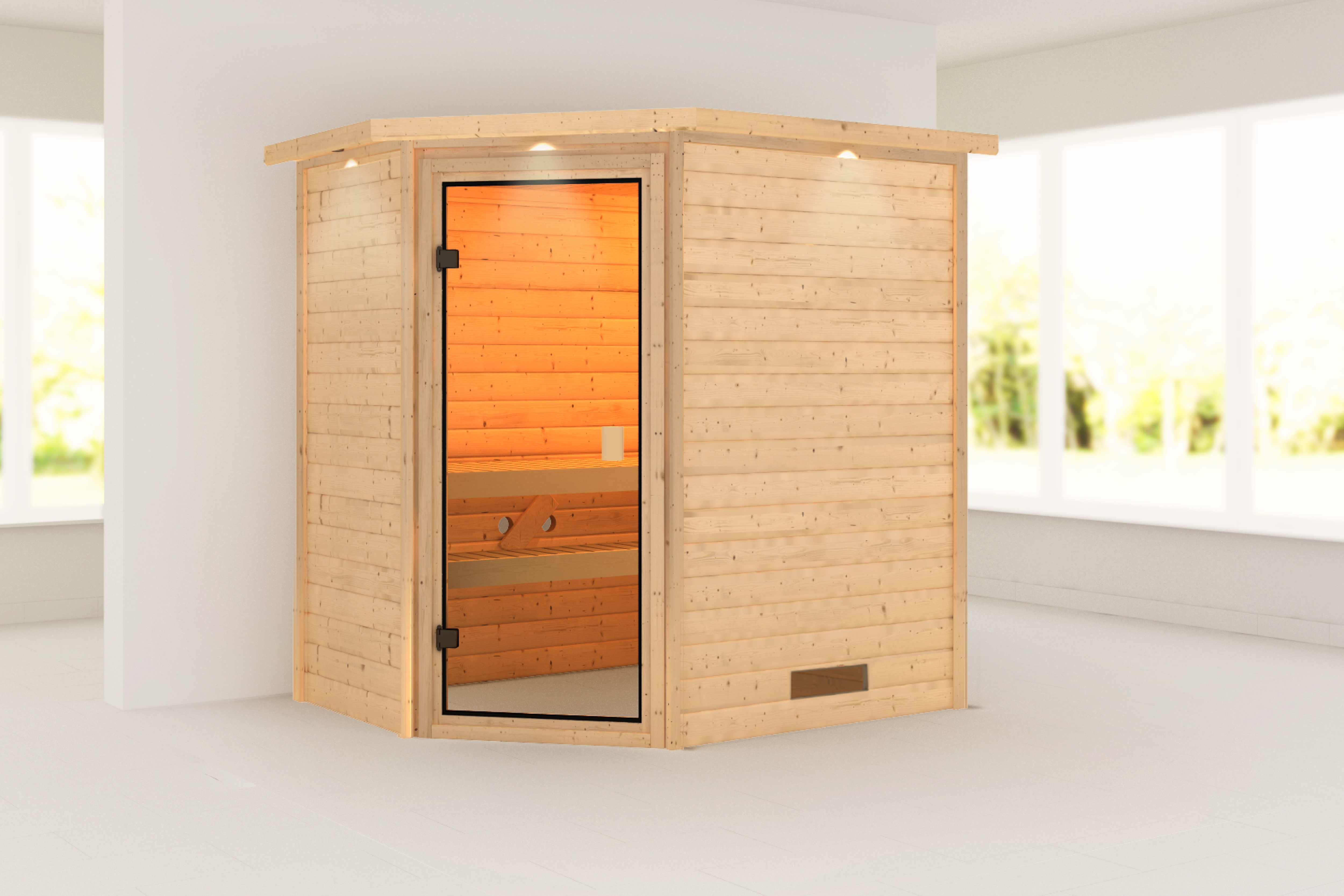 Karibu Sauna ""Juli" mit bronzierter Tür und Kranz, naturbelassen" aus hochwertiger nordischer Fichte