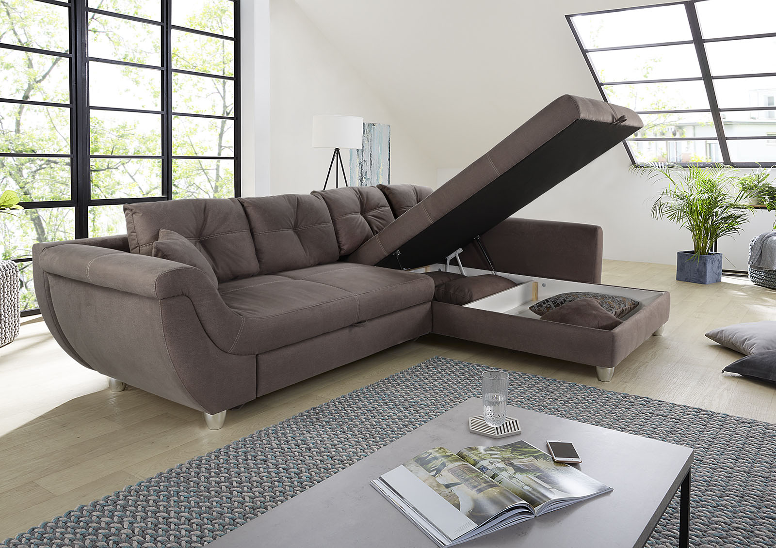 Thumbnail - Jockenhöfer Gruppe Ecksofa "Maranello L-Form, B: 330 cm" mit Bettfunktion, Bettkasten & Zierkissen